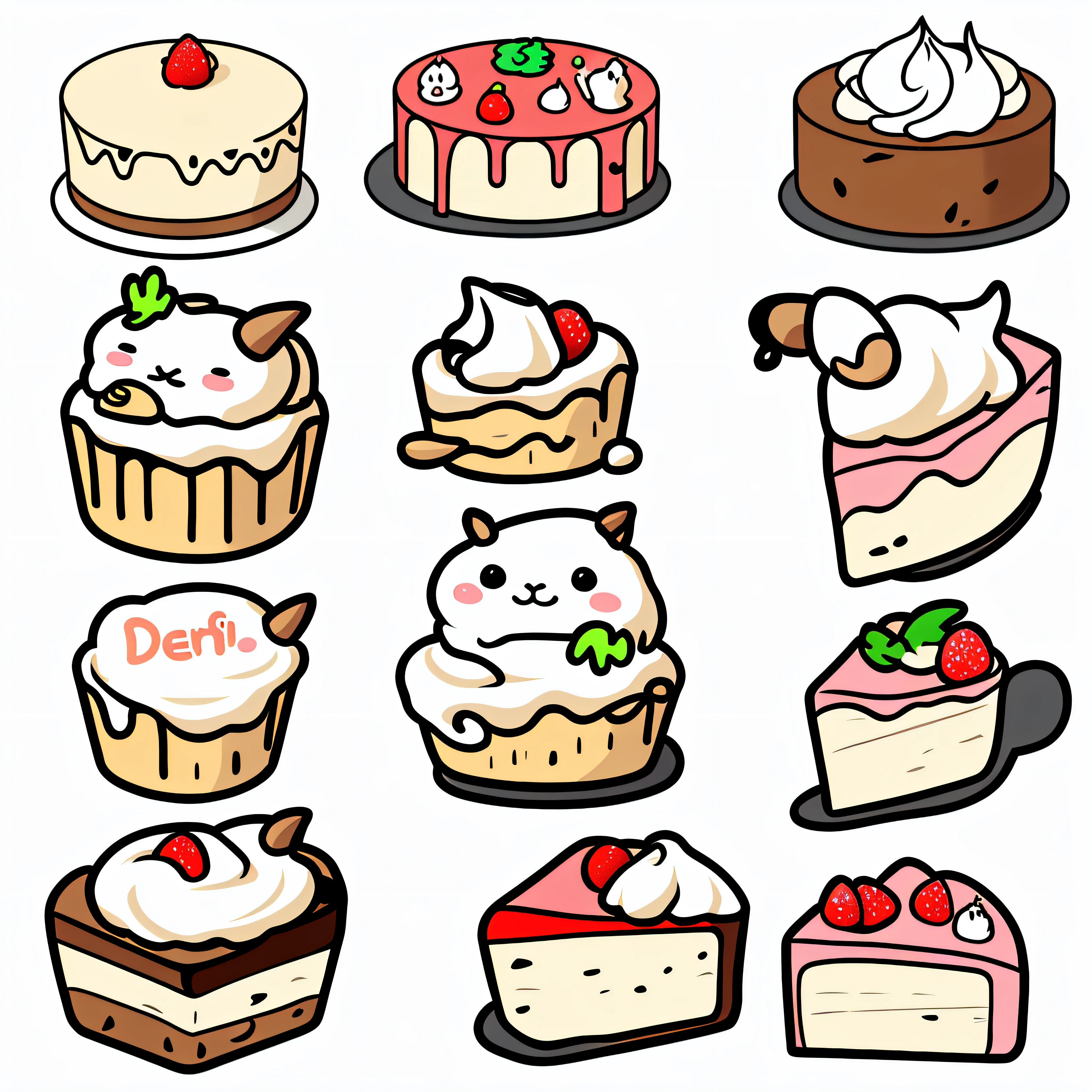 cartoon、cute little、a sticker、A logo、A cow is mixing fresh cream、cheesecake、taur、Deformed、Cake shop、Cute Logo、Illustration of a cow、a sticker、seal、Flat and simple background、Line Art、Simple Logo