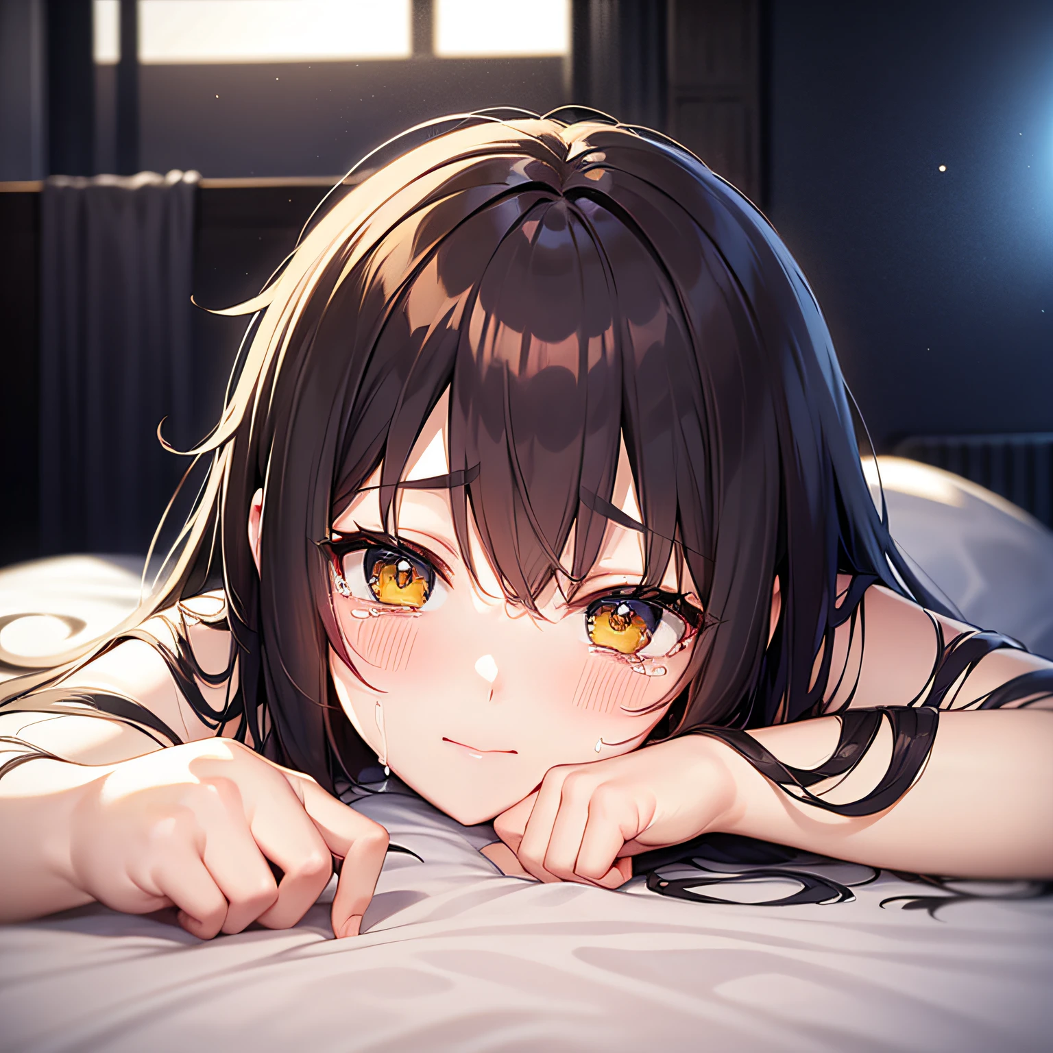 sideways Facing、beautiful a girl、is crying、lyin in bed、yellow long hair, cyberpunk