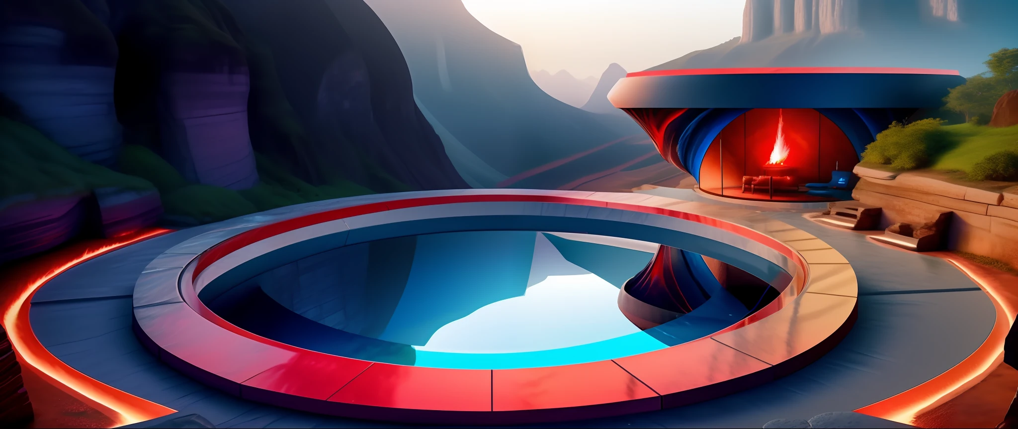 Draw a waterfall,(fire and ice),Blue and red,The is very detailed,Epic, Surreal 8K landscape, a portal to the lost flame realm, 4k vertical wallpaper, smelting pit'beeple