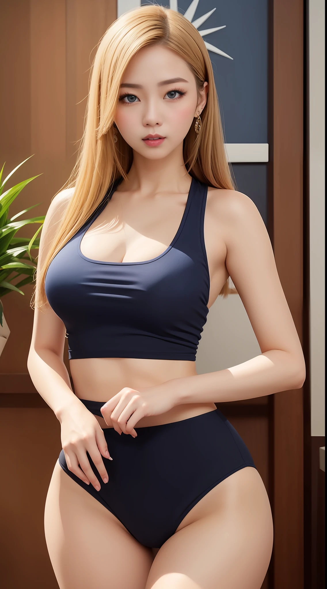 (hyperrealistic), (illustration), (high resolution), (8K), (extremely detailed), (best illustration), (beautiful detailed eyes), (best quality), (ultra-detailed), (masterpiece), (wallpaper), hyperrealistic, hyperrealism, super detail, anatomically correct, (detailed face), (closed mouth), solo, 1 girl, wavy blonde hair, (beautiful cute Taiwanese woman:1.7), (beautiful cute JAV Idol woman:1.7), heterochromic eyes, (detailed blue eyes), small moles under the eyes, see-through white shirt, transparent white shirt, yoga black panties, (realistic big breasts:1.5), nipples_are_barely_visible, long legs, tight abs, cameltoe, dynamic pose,