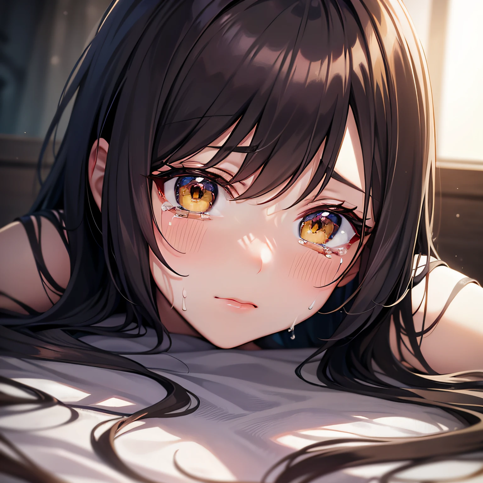 sideways Facing、beautiful a girl、is crying、lyin in bed、yellow long hair, cyberpunk