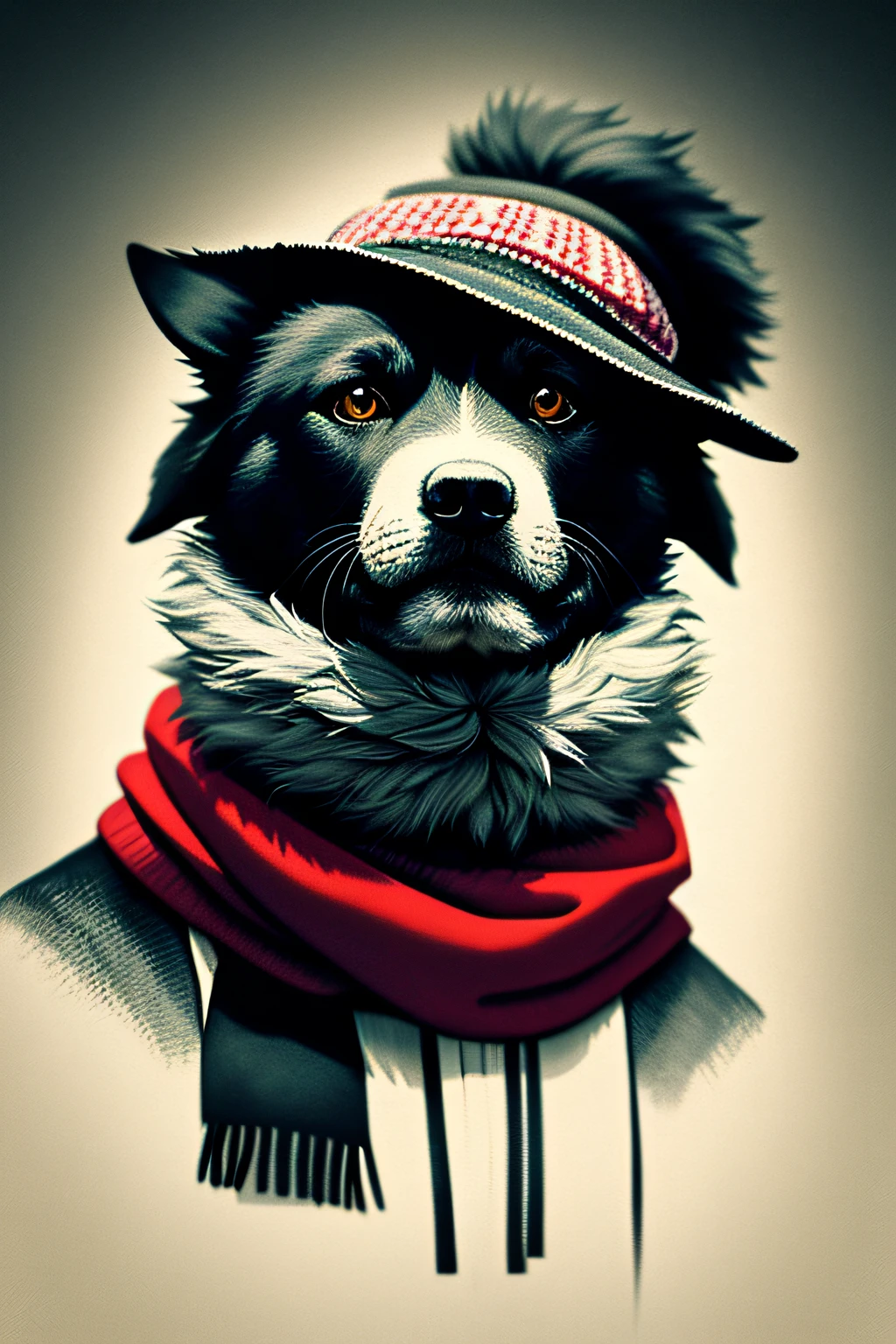 Picture of dog wearing hat and scarf,trends in art station,Wear punk clothes,Ultra-realistic detailed rendering,Urban style,intimidating pose,Planet of dogs,fashionable attire,urbansamurai,doggy,Western cowboy features