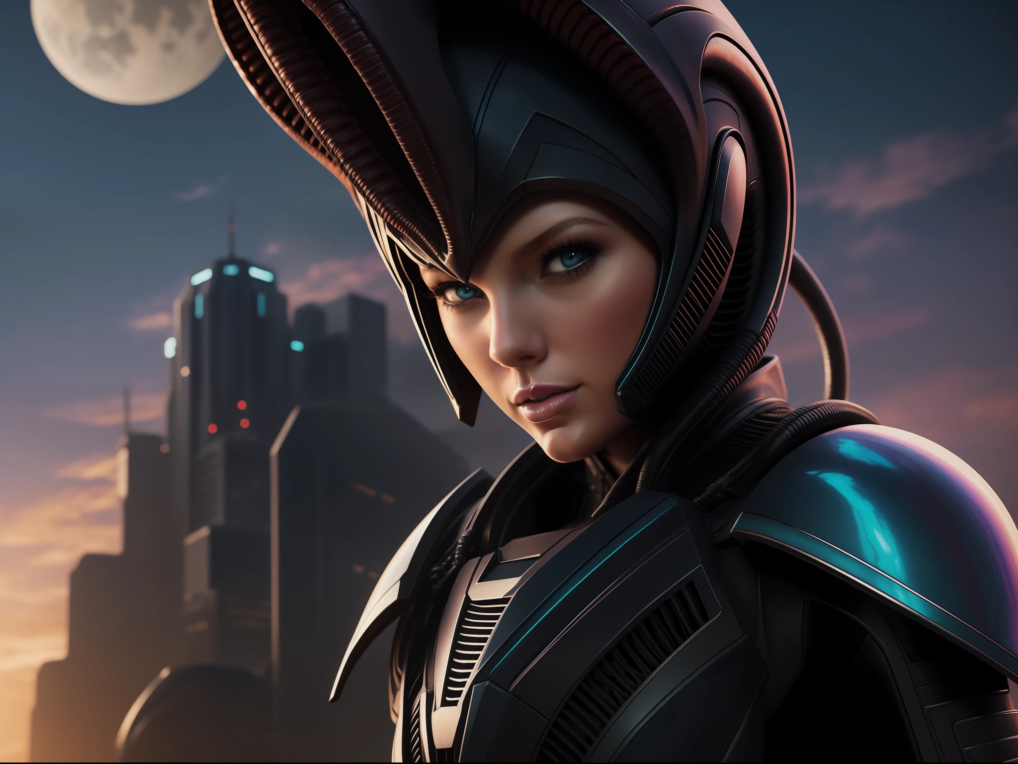 Taylor swift xenomorph alien, synthwave painting, sunset city, digital illustration, extreme detail, digital art, 4k, ultra hd, beautiful d&d character portrait, colorful fantasy, detailed, realistic face, digital portrait, intricate armor, fiverr dnd character, wlop, stanley artgerm lau, ilya kuvshinov, artstation, hd, octane render, hyperrealism