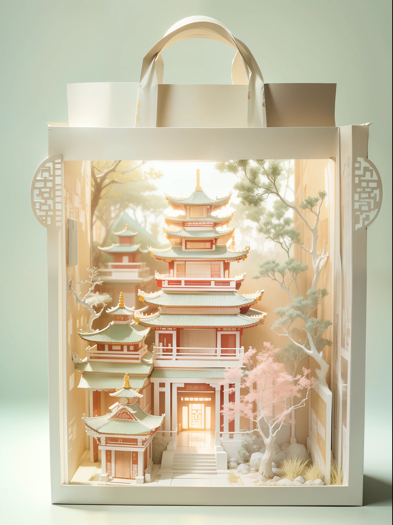 Front view,A bag with the front open,Bags are underneath,Paper cut on top,Inside the bag is a light-colored three-dimensional Chinese-style paper-cutting art with the theme of urban architecture,Off-white background,Photorealistic fantasy style with photographic detail and lightness