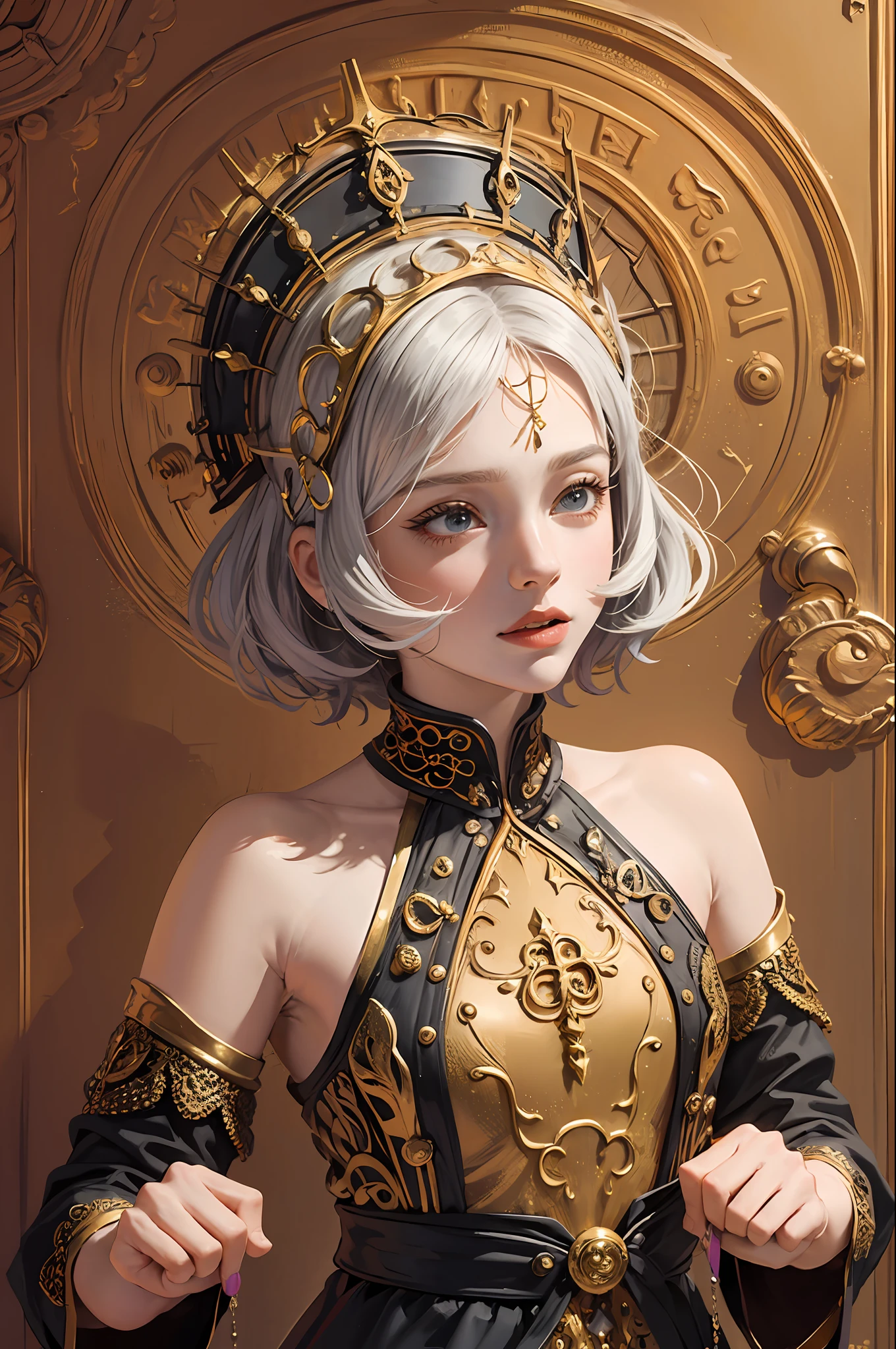 (masterpiece, top quality, best quality, official art, beautiful and aesthetic:1.2), (1girl), extreme detailed,colorful,highest detailed, official art, unity 8k wallpaper, ultra detailed, beautiful and aesthetic, beautiful, masterpiece, best quality, (zentangle, mandala, tangle, entangle) ,holy light,gold foil,gold leaf art,glitter drawing, PerfectNwsjMajic