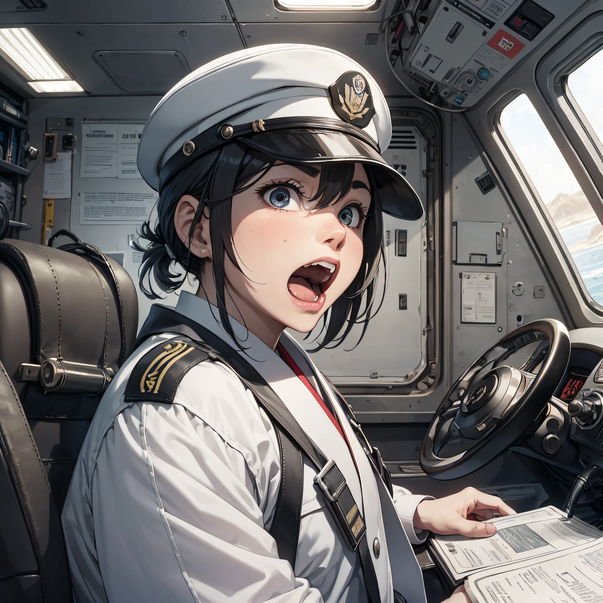 Ridiculous resolution，A high resolution，（tmasterpiece：1.4），Hyper-detailing，Inside the nuclear submarine，Japanese middle-aged male commander，A look of horror and shock，Open-mouthed
