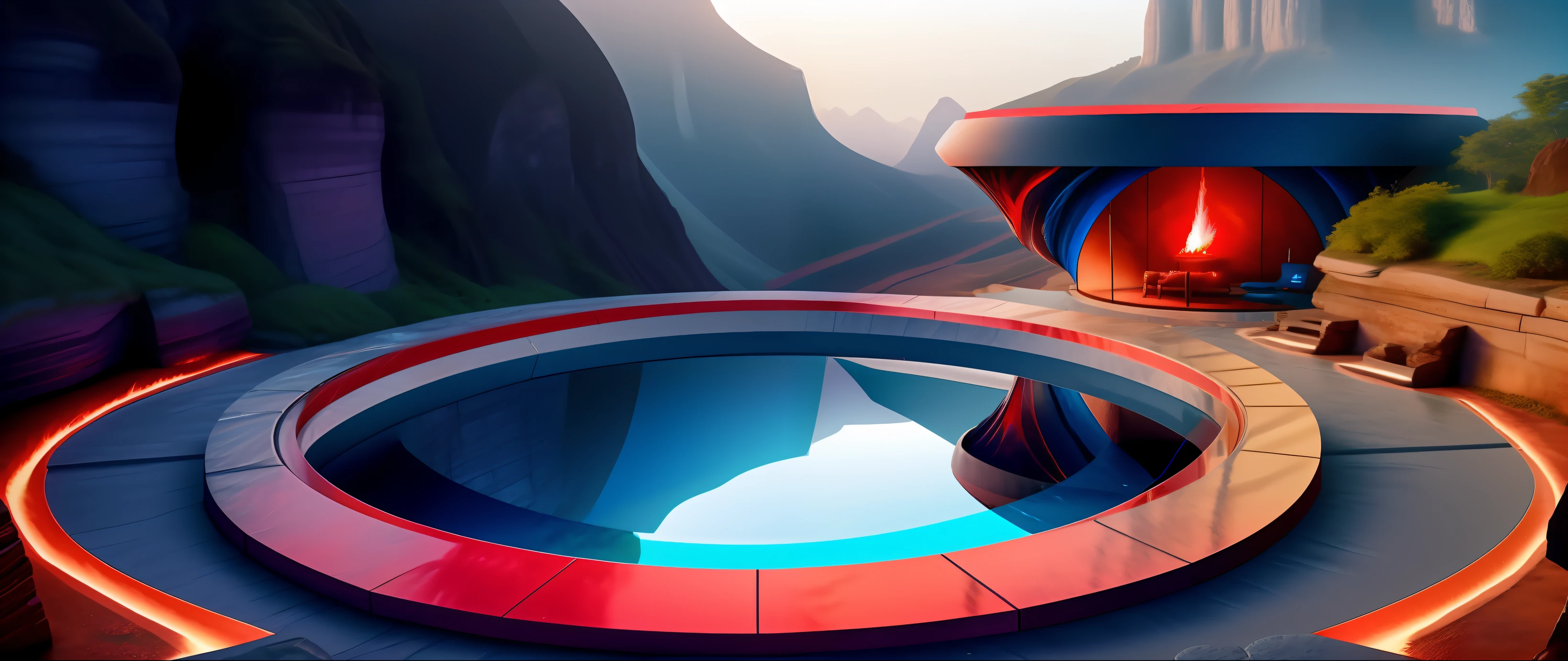 Draw a waterfall,(fire and ice),Blue and red,The is very detailed,Epic, Surreal 8K landscape, a portal to the lost flame realm, 4k vertical wallpaper, smelting pit'beeple