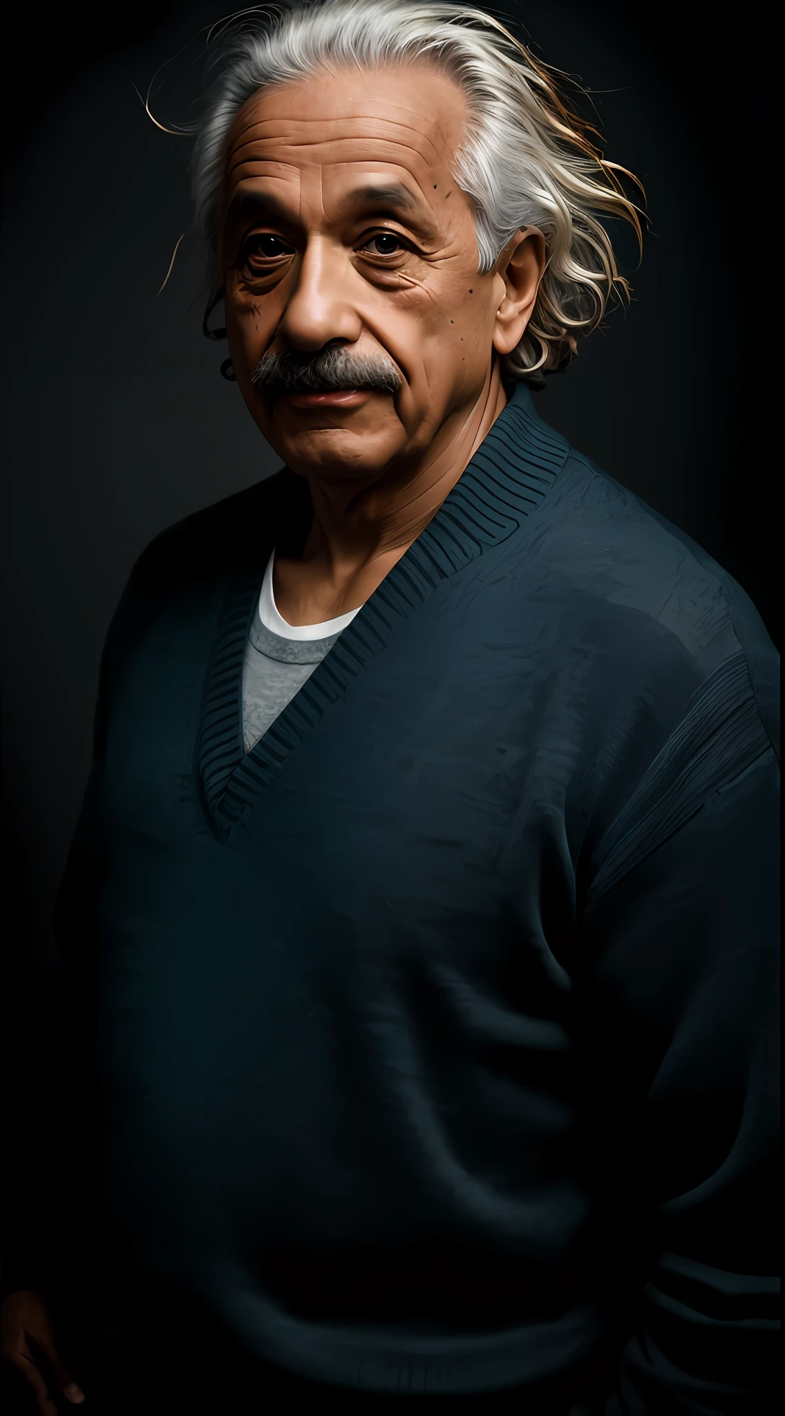 albert einstein(obra-prima, fotorrealista, raw,:1.4), (extremamente complexo:1.2), close-up, cinematiclight, side-lighting, ultra high-resolution, melhor sombra, RAW, parte superior do corpo, velho, wearing pullover, dias atuais com cores em um fundo dramatico, com um cenario de studio de fotografia