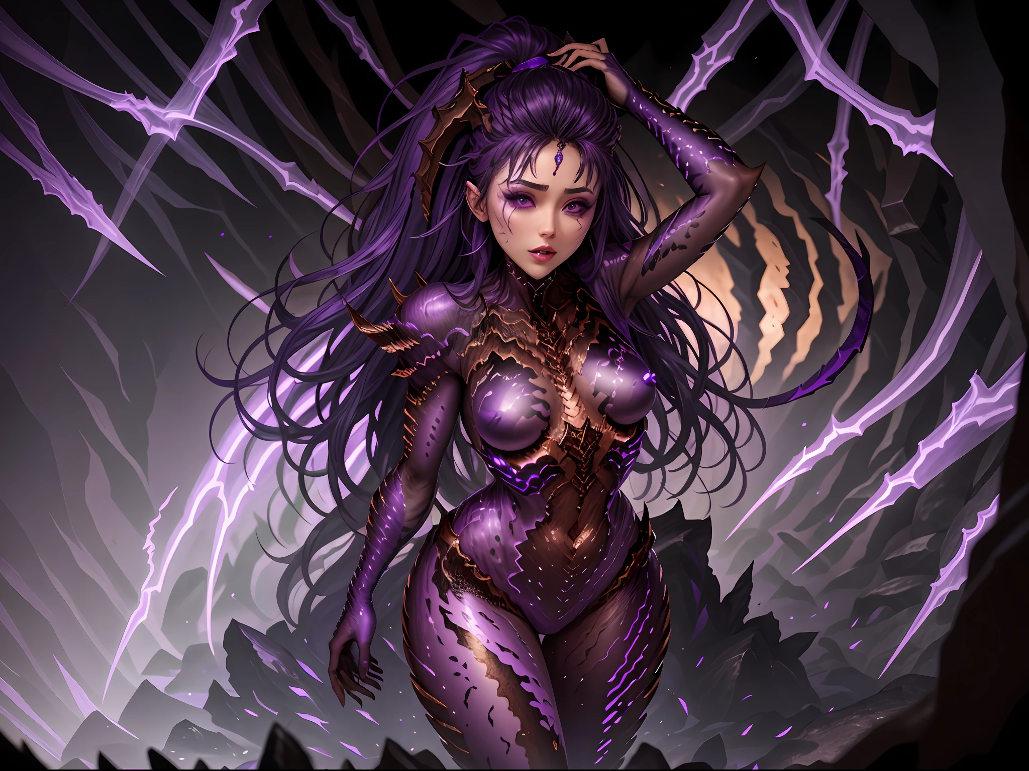 purple skin woman in a (very dark:1.3) cave , full body, high detail, sharp focus