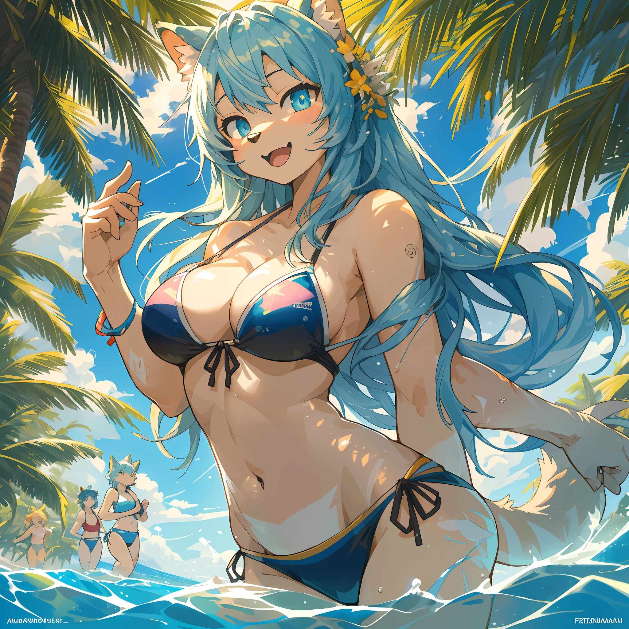 top quality, best quality, High-quality illustrations, masterpiece, super high resolution, detailed background, detailed background, horizon, beach, Midsummer sunshine, swim wears, 6+boys, 6+girls, Happy, joyful, absurdres(highly detailed beautiful face and eyes)perfect anatomy(Photos taken with friends)(kemono, furry anthro),