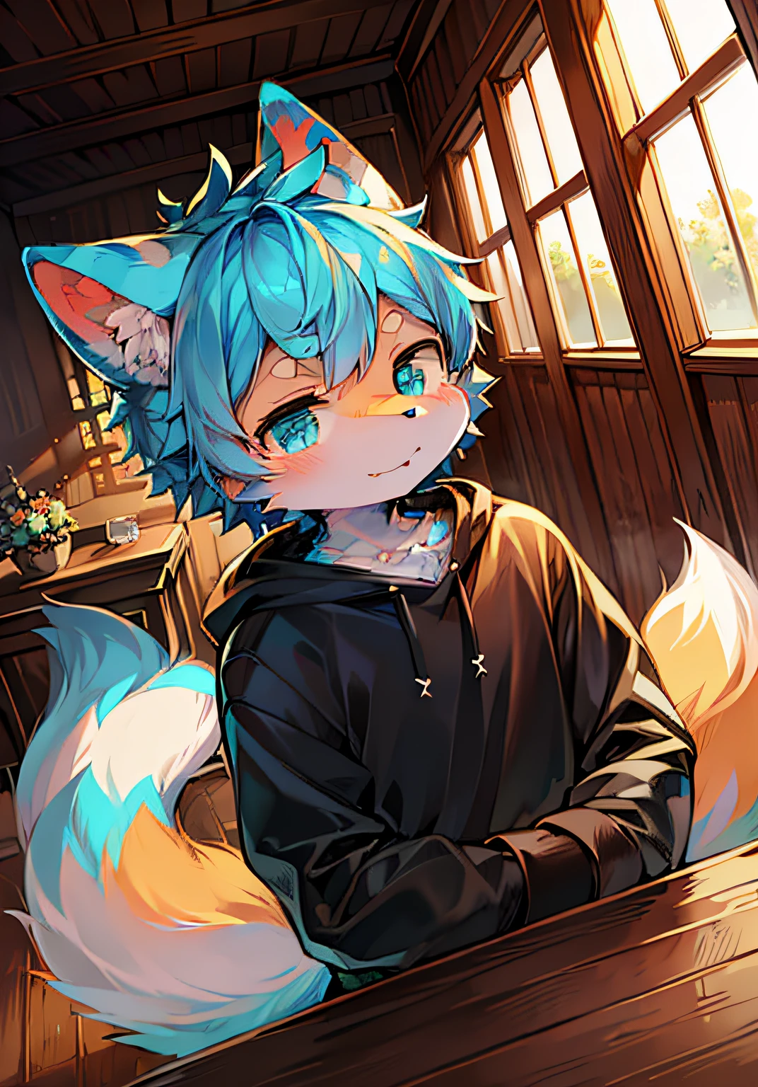 (ambiente dark:0.8),masterpiece,high quality,abstract res,digital painting\(artwork\), by dagasi, yupa,kiyosan,(anthro,fluffy fur,character focus:1.1),anthro male cat,short hair,portrait , eyes with brightness, in a panoramic view, Character focus.(detailedbackground:0.7), 独奏, shaggy, shaggy male, malefocus, anthr,(Full Body Furry, Fluffy tail, Cyan fur, blue color eyes, blue hairs:1.2), (felid、red fox、Sweatshirt:1.2),(interiors、eventide、Riman、Wooden table:1.1)
