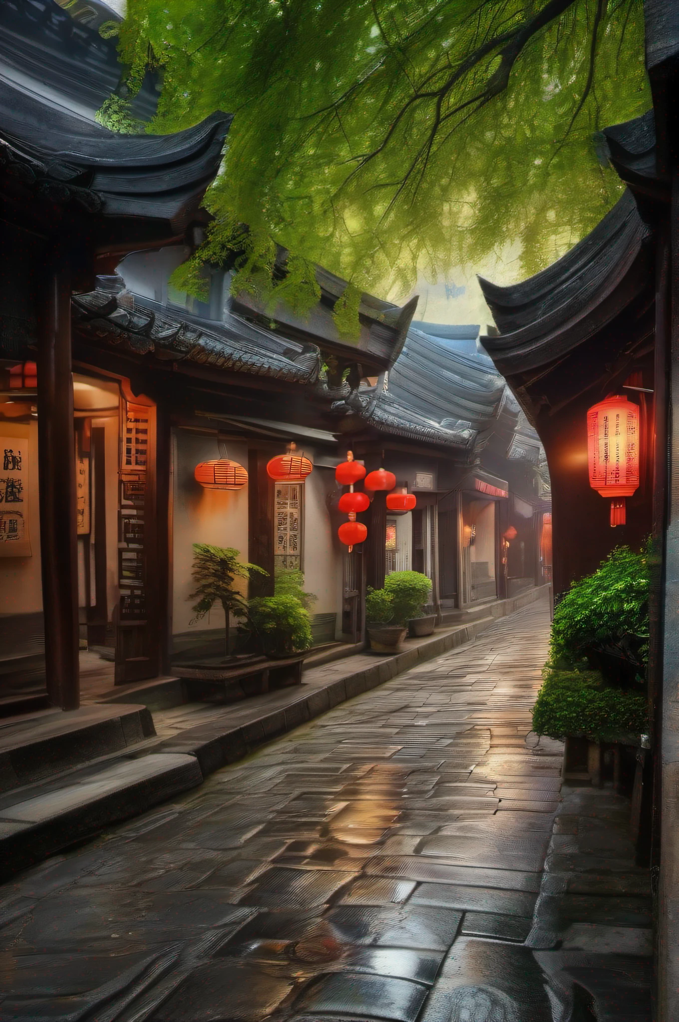 The alleys of Jiangnan Ancient Town after the rain,Stone pavement,High definition,tmasterpiece