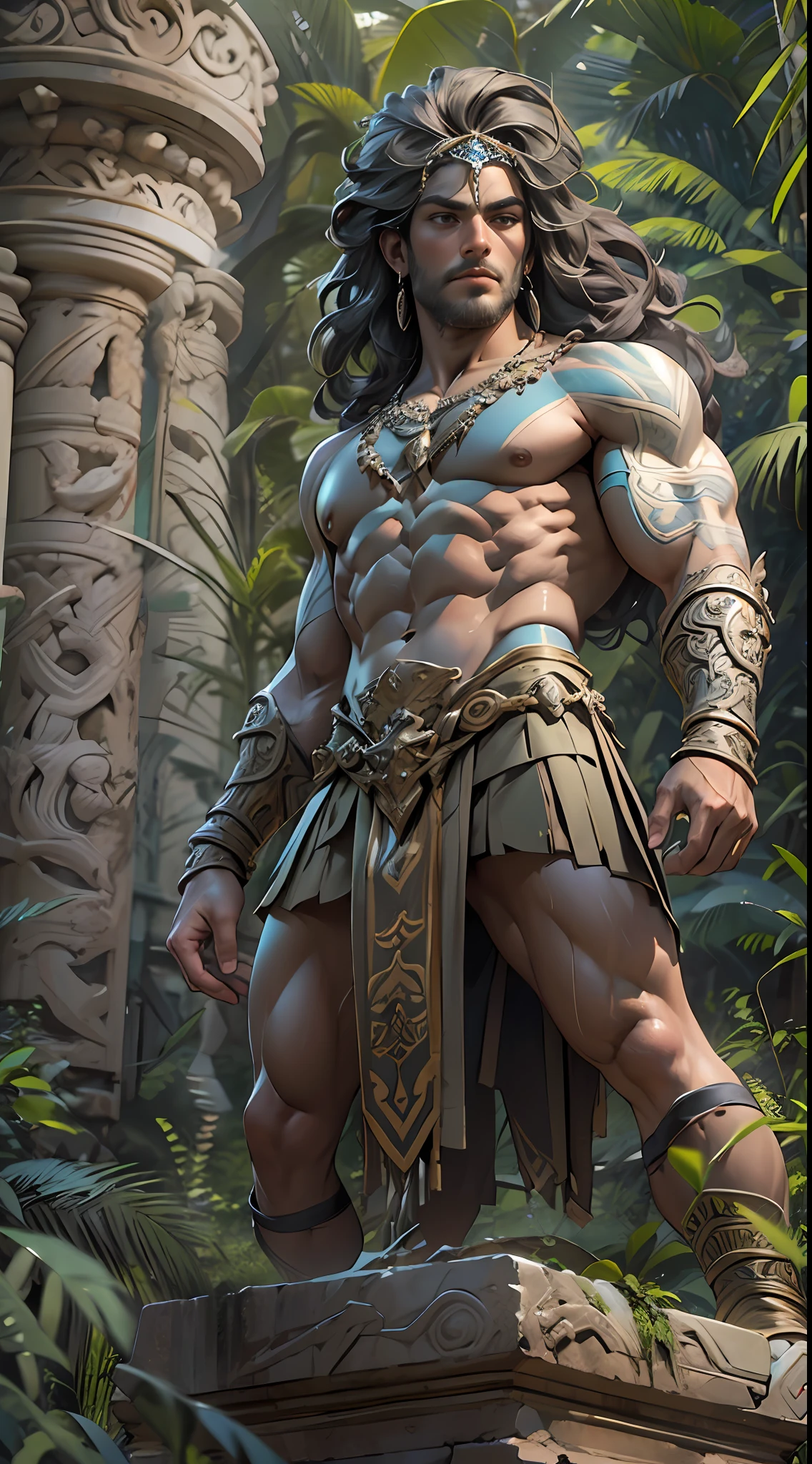 Sculpted warrior, exposed upper torso, legs bared from thighs to feet, flowing long curls, intricate muscular details, photorealistic depiction, 4K resolution. Background: Ancient temple ruins in a lush jungle,32k uhd, best quality, masterpiece, super detail, high details