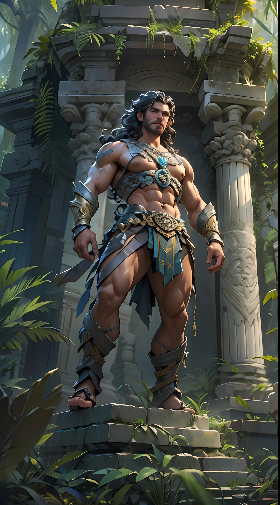 Sculpted warrior, exposed upper torso, legs bared from thighs to feet, flowing long curls, intricate muscular details, photorealistic depiction, 4K resolution. Background: Ancient temple ruins in a lush jungle,32k uhd, best quality, masterpiece, super detail, high details