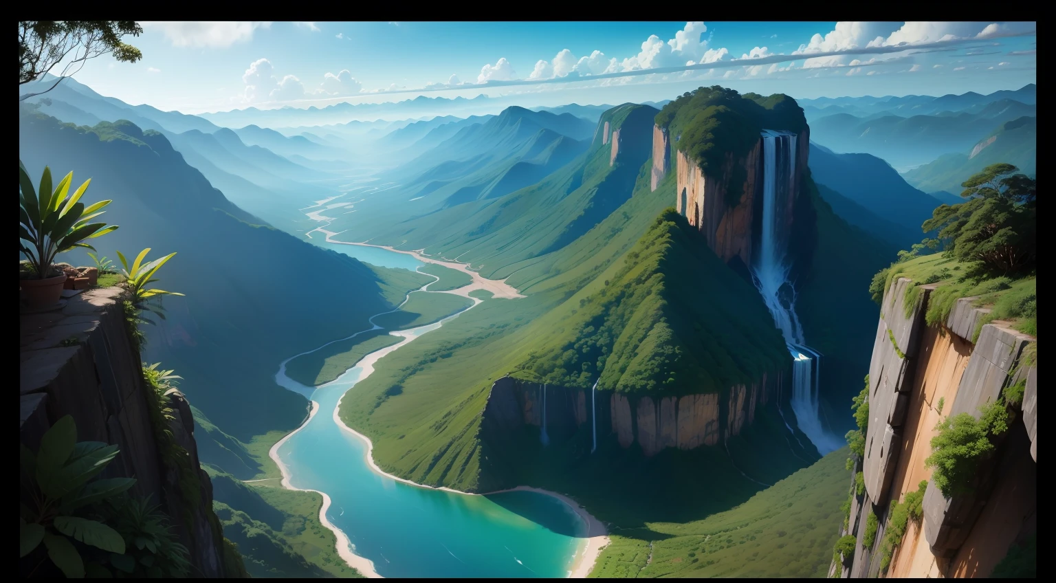 Blue background , brazilian landscape mata aclantica, Paint, Mountains, water, green trees,Waterfalls,60,30,10
