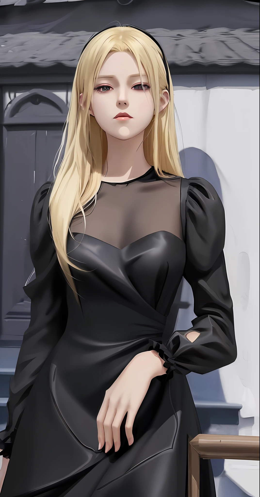 a cartoon picture of a woman in a black dress posing for a picture, anime girl wearing a black dress, she is wearing a black dress, anya from spy x family, blonde anime girl with long hair, in dress, revealing outfit, cell shaded adult animation, digital art of an elegant, seductive anime girl, looking like annie leonhart