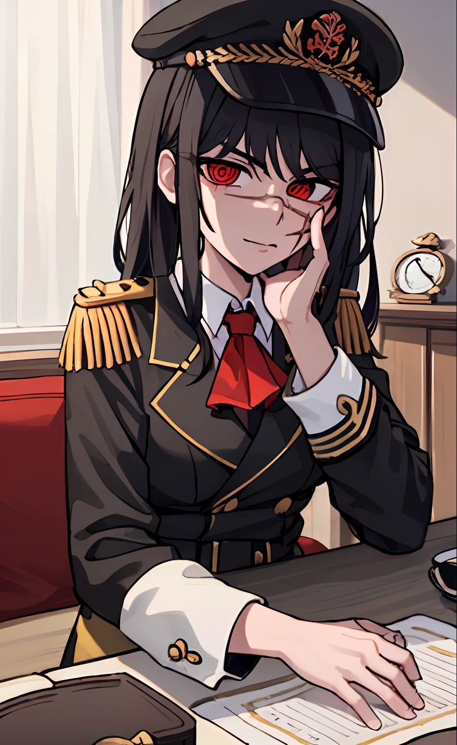 (masterpiece, best quality: 1.2), Solo, 1girl, Yoru \(Chainsaw Man\), looking at the viewer, different poses, red eye, long hair, completely black hair, reference to clothing of a German WWII general, black long sleeves (best quality), scar on face, beautiful eyes, has only 2 arms, has war medals on his clothes,  Black Military Cap, Golden Eagle Medal on Clothing, (Wallpaper), (8K HD), (8K HD), Golden Shoulder Pads, Sprites, 1 Single Design (obra maestra, mejor calidad: 1.2), Solo, 1girl, Yoru \(Chainsaw Man\), mirando al espectador, sonrisa, MALVADA, diferentes poses, ojo rojos, cabello largo, cabello completamente negro, reference to clothing of a German general from World War II, mangas largas negras (mejor calidad), cicatriz en la cara, hermosos ojos, tiene solo 2 brazos, tiene medallas de guerra en su ropa, Gorra militar negra, Golden Eagle Medal in Dress, (fondo de pantalla), (8K HD), (8K HD), hombreras doradas, sprites, 1 single design