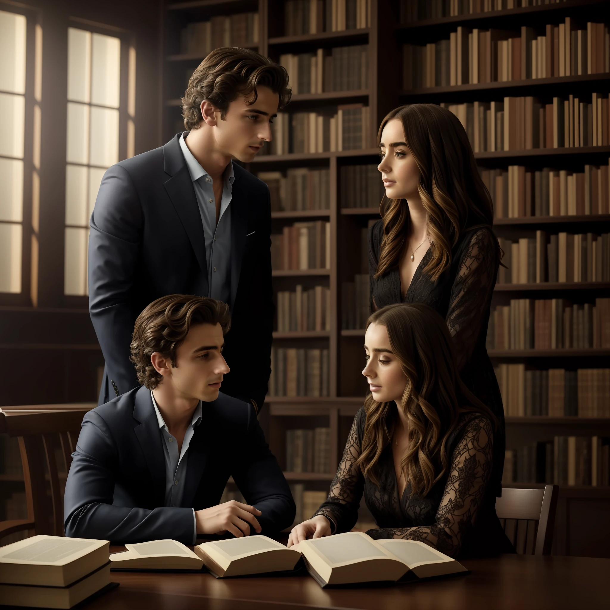 1. Imagine a stunning high-definition image of an old library, com prateleiras altas e imponentes cheias de livros empoeirados. Entre as estantes, uma luz suave e dourada ilumina o ambiente.
2. No centro da imagem, a silhueta perfeitamente recortada da atriz Lily Collins pode ser vista, com seus cabelos longos caindo em cascata sobre os ombros. She is elegantly dressed, with an expression of curiosity and admiration on his face.
3. Ao lado de Lily, the silhouette of actor Timothée Chalamet stands out, with his relaxed and confident posture. Seus cabelos desgrenhados caem levemente sobre a testa, and he has a soft smile on his lips as he watches Lily.
4. Entre eles, there is a subtle distance, but noticeable, enquanto se encaram intensamente. Their eyes are filled with a mixture of desire, passion and a deep connection.
5. Ao redor do casal, The shelves are filled with books of different sizes, cores e texturas, criando uma atmosfera de conhecimento e romance.
6. The light coming in through the library windows adds a magical touch to the scene, destacando as silhuetas e criando sombras suaves ao redor deles.
7. The atmosphere is quiet, just the muffled sound of pages being turned and the whispers of the characters as they communicate through their gazes.
8. The image conveys the feeling of a special encounter, almost magical, entre duas almas afins que se encontraram em meio ao mundo dos livros, where words and emotions intertwine.
9. Mesmo sem ver seus rostos claramente, you can feel the chemistry and energy between Lily Collins and Timothée Chalamet just by the intensity of the look they exchange.
10. This realistic image is able to awaken the viewer's imagination, inviting you to immerse yourself in the unique love story that is about to unfold.