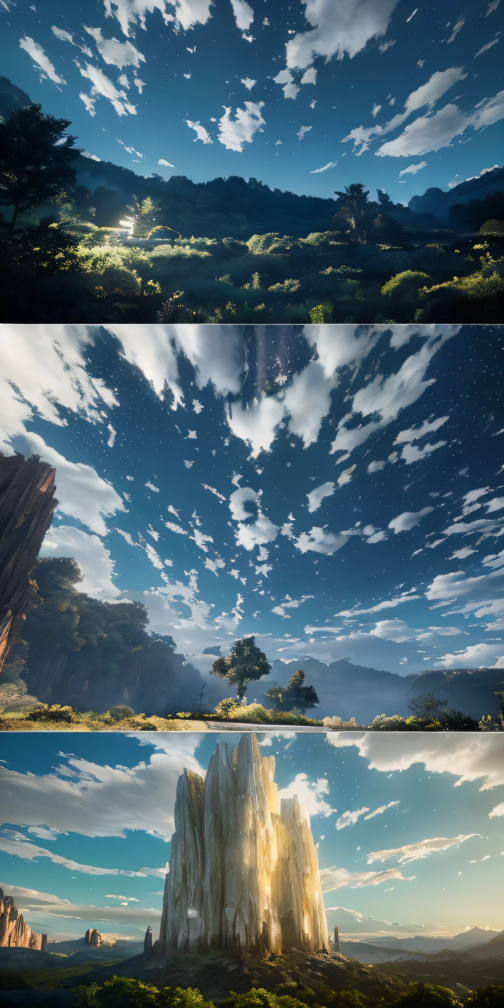 Illustration of a hyperrealistic , otherworldly, ultrasky scene featuring a giant crystal tree full body,very detailed and magical lighting, intricate forest details, vegetation and river around, solarpunk ,landscape, giant tree, beatifull leafy with beautiful lighting and realistic proportions, as if it were a cinematic background, 8k, highest quality, masterpiece, clouds and stars in the sky.