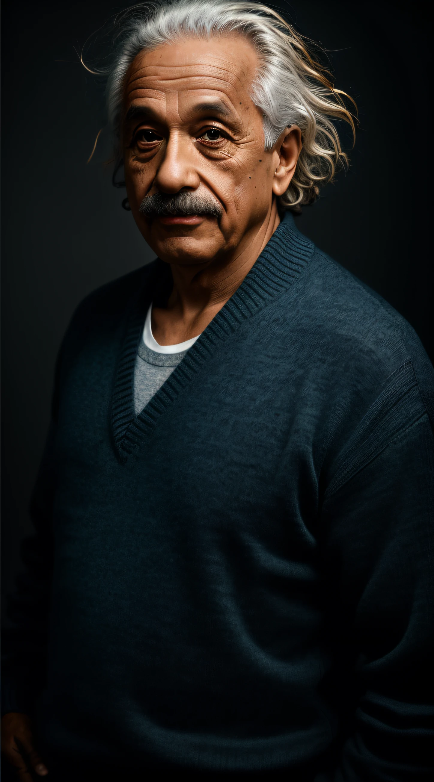 albert einstein(obra-prima, fotorrealista, raw,:1.4), (extremamente complexo:1.2), close-up, cinematiclight, side-lighting, ultra high-resolution, melhor sombra, RAW, parte superior do corpo, velho, wearing pullover, dias atuais com cores em um fundo dramatico, com um cenario de studio de fotografia