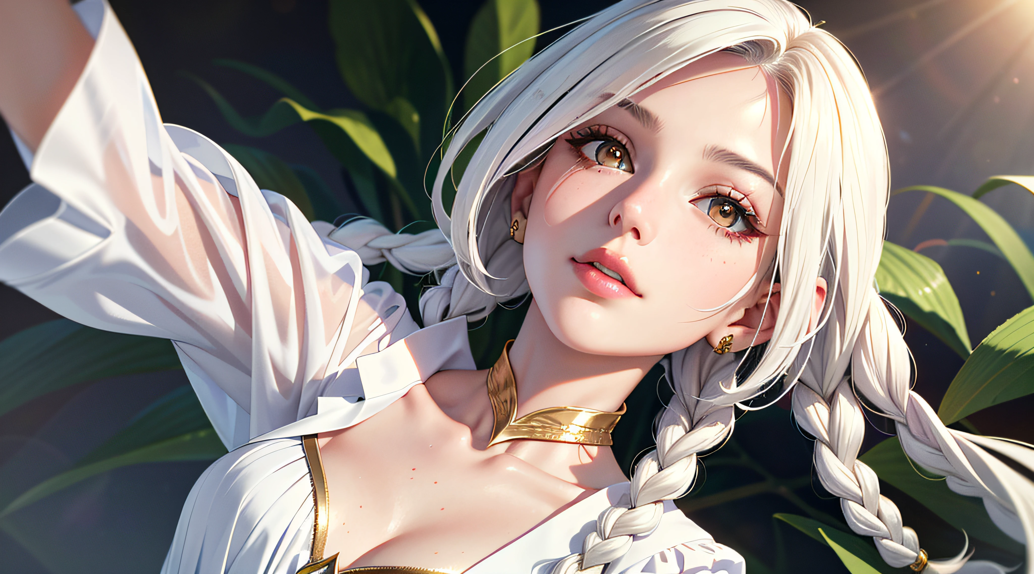 32K,super-fine,Photoreal,Perfect image quality,Need,tmasterpiece,Hair strands are clearly visible,Clear pores,light make-up,whaite hair,Golden eyes,Manteau blanc,Look up,The upper part of the body,Hairline,Fair skin,SideBraid
