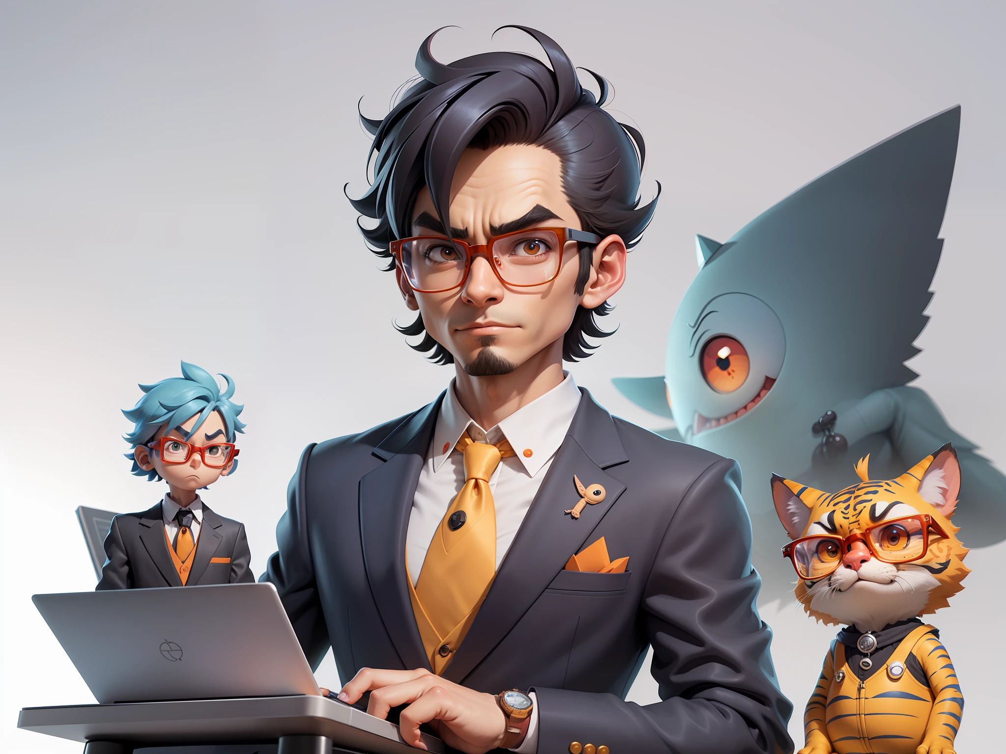 A young man in a suit, Short hair and glasses sat at his desk,holding laptop,digitial painting,tigre,3D character design by Mark Clairen and Pixar and Hayao Miyazaki and Akira Toriyama,4K HD illustration,Very detailed facial features and cartoon-style visuals。
