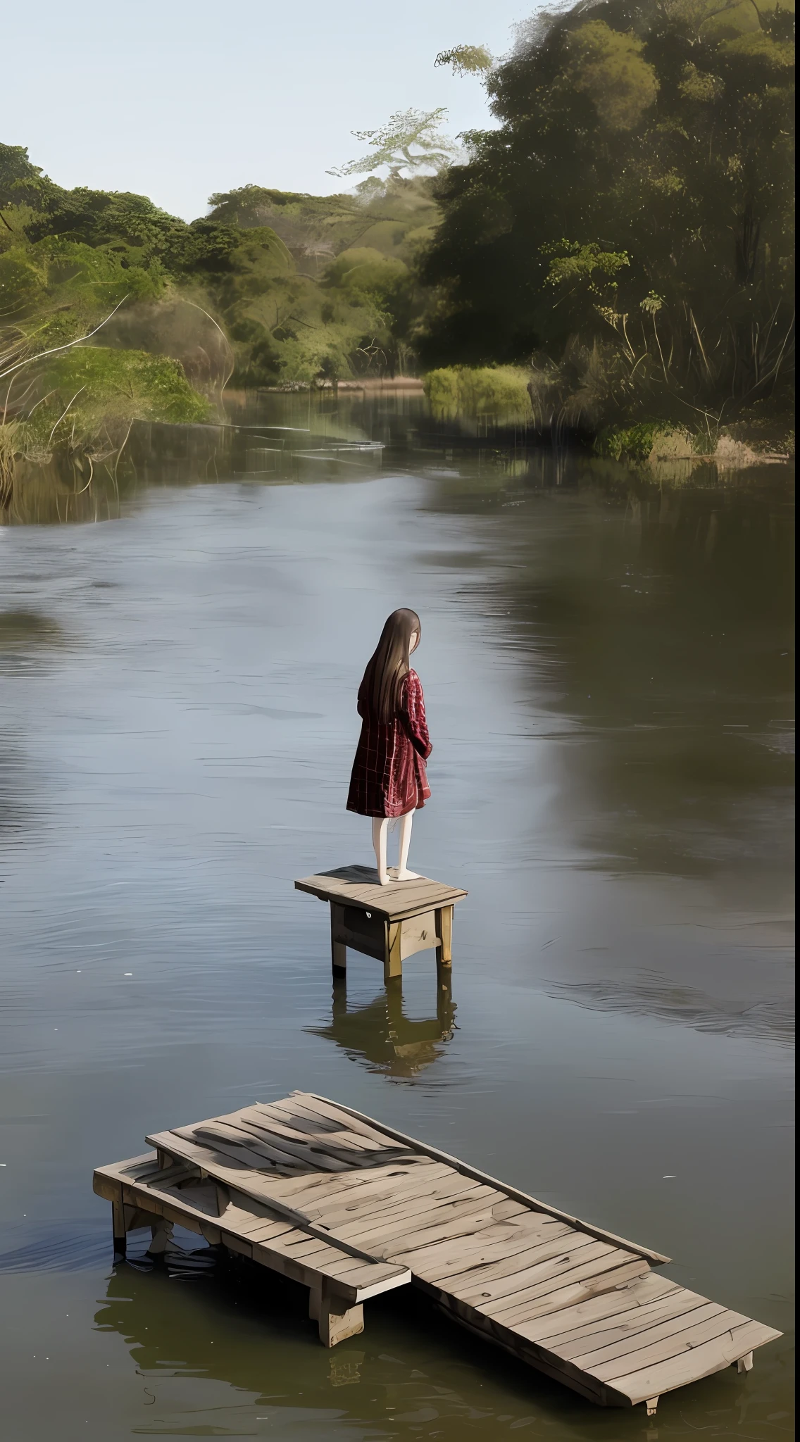 There's a 16-year-old girl standing on a wooden dock, seios pequenos, beautiful breasts, close UP, pernas longas, foco nas coxas, Pose casual, Tiro Giantess altamente detalhado, em uma ponte, on seashore, she is walking on a river, photorealistic content, perto de um cais, standing on a bridge, standing next to water, Roupas realistas, standing in a pond, Pose lacivious