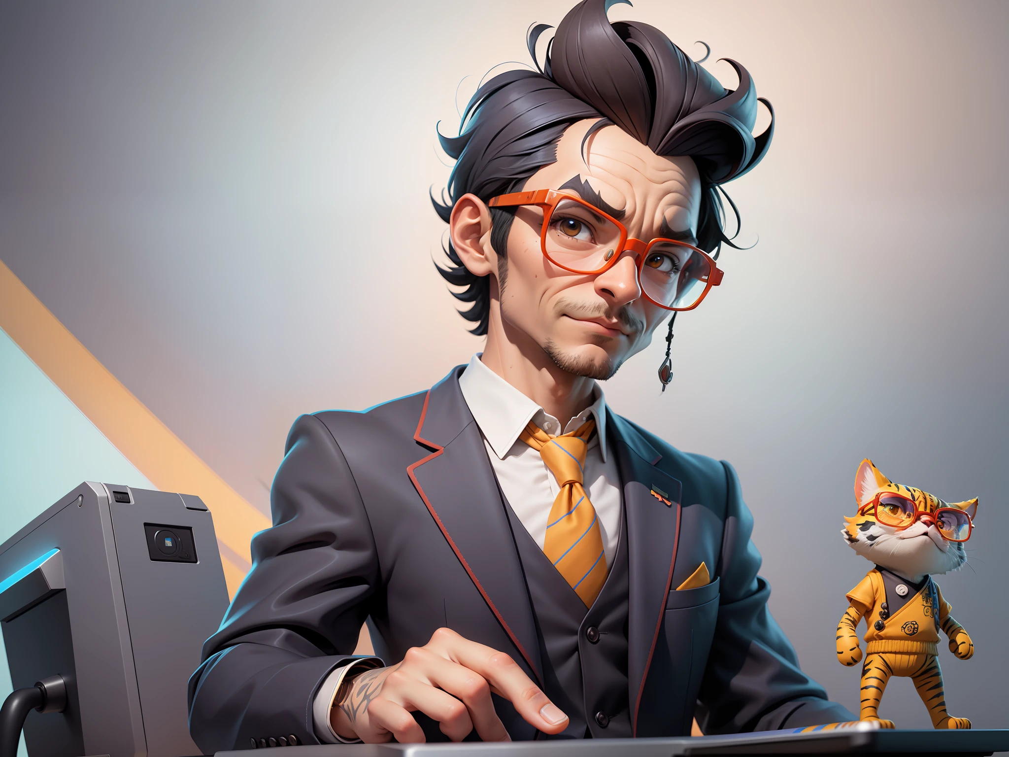 A young man in a suit, Short hair and glasses sat at his desk,holding laptop,digitial painting,tigre,3D character design by Mark Clairen and Pixar and Hayao Miyazaki and Akira Toriyama,4K HD illustration,Very detailed facial features and cartoon-style visuals。