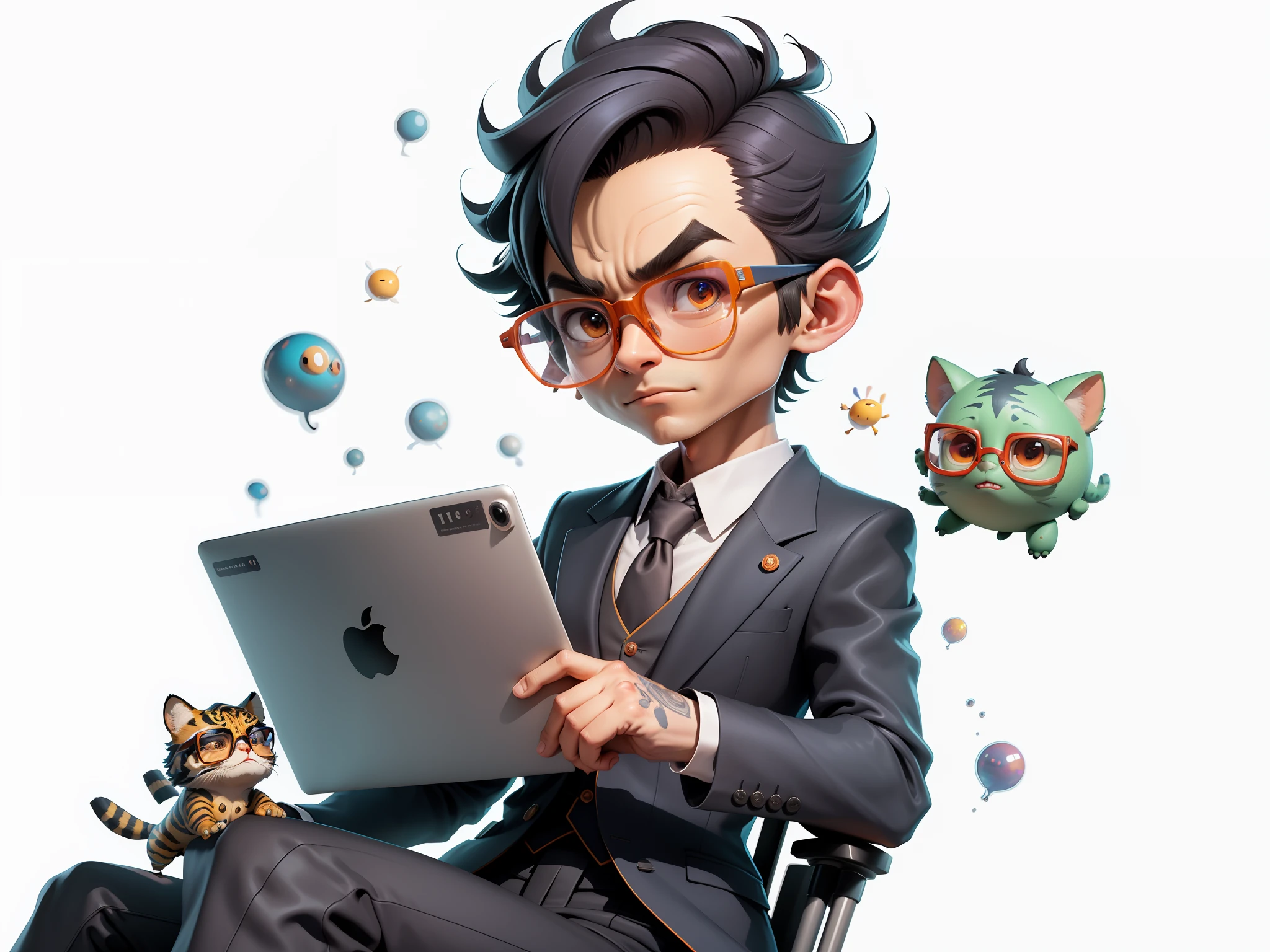 A young man in a suit, Short hair and glasses sat at his desk，holding laptop，digitial painting，tigre，3D character design by Mark Clairen and Pixar and Hayao Miyazaki and Akira Toriyama，4K HD illustration，Very detailed facial features and cartoon-style visuals。