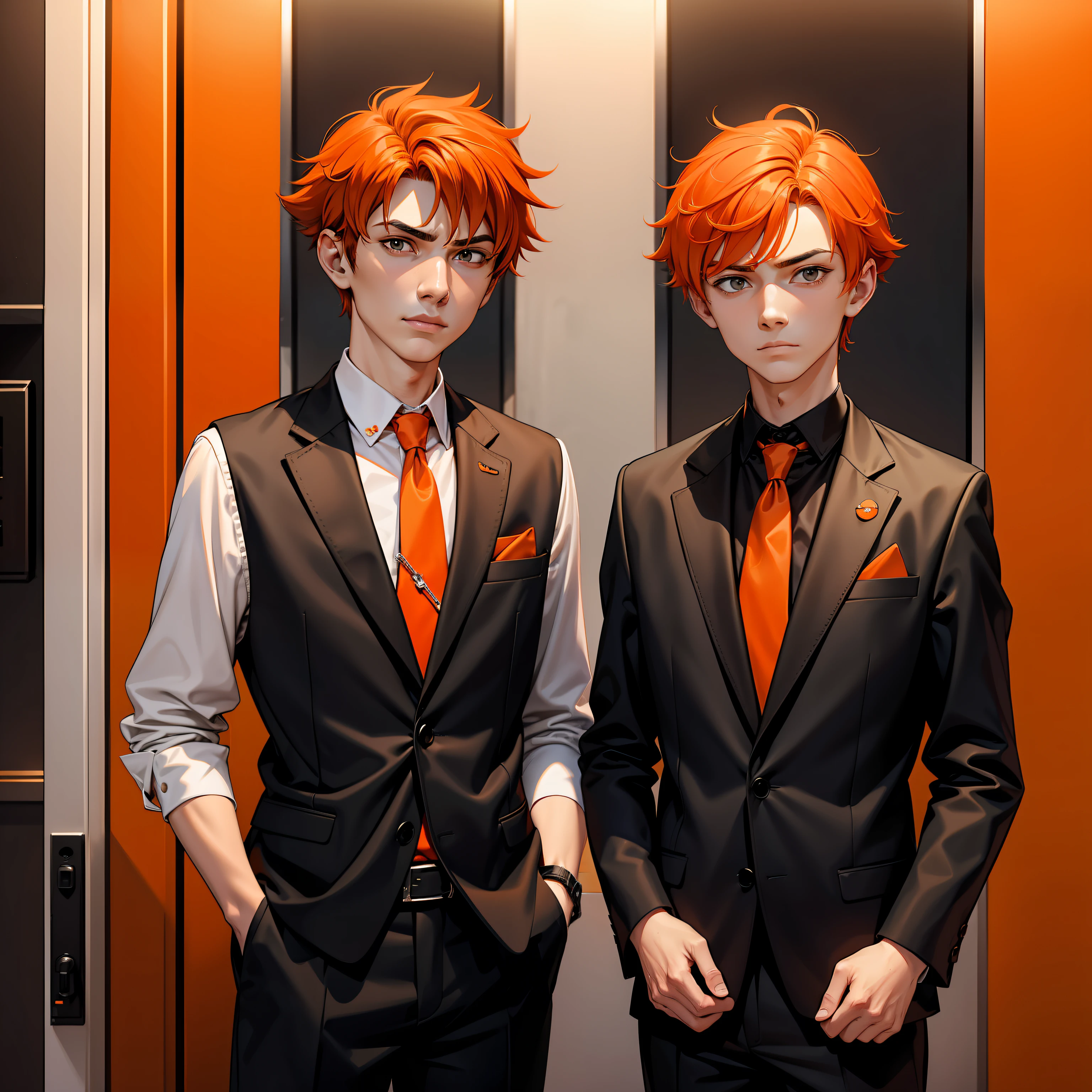 papa, Mom 14-year-old brothers pose serious for photo orange hair smart clothes of orange and black ceda