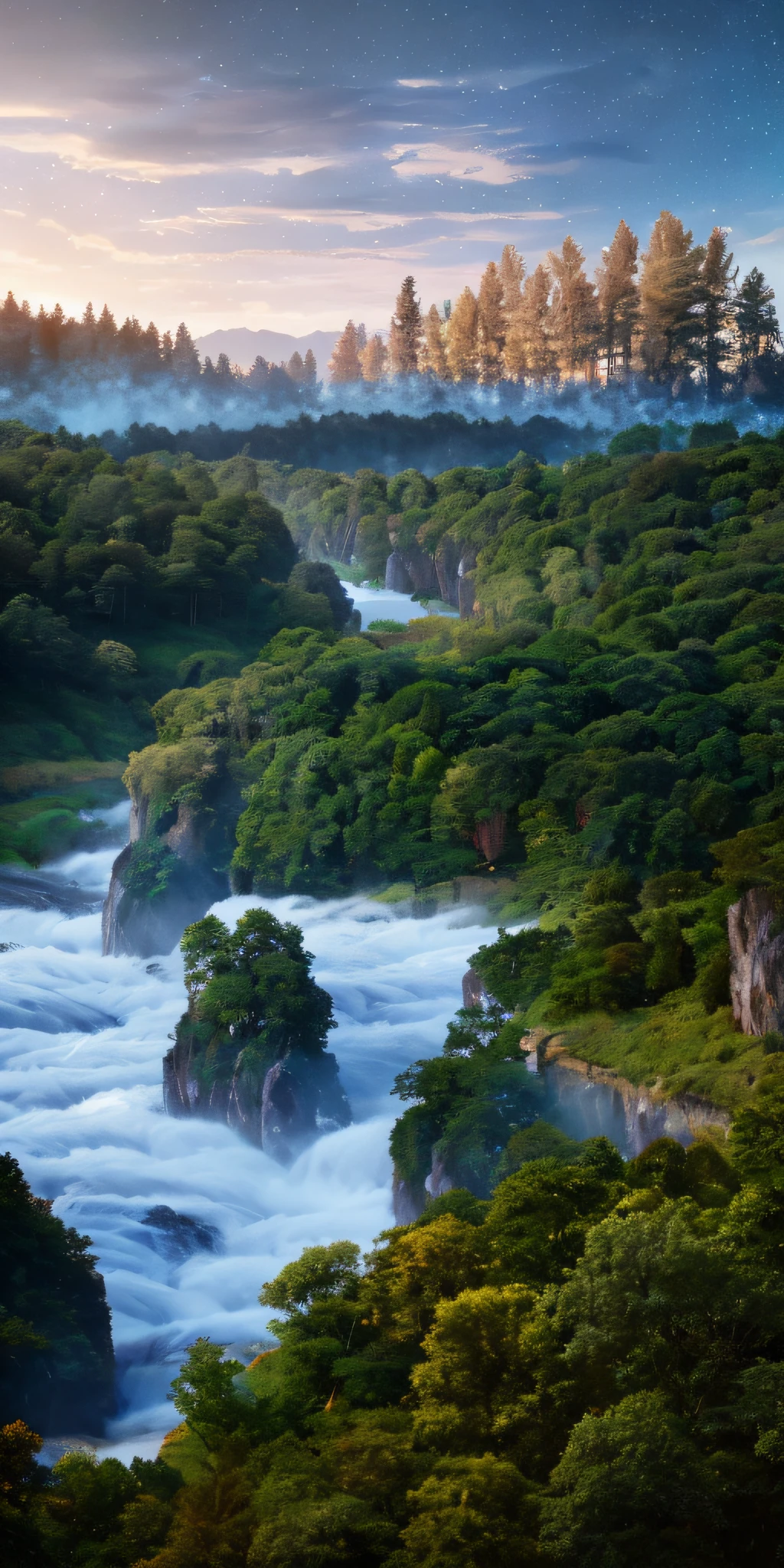 Illustration of a hyperrealistic , otherworldly, ultrasky scene featuring a giant crystal tree full body,very detailed and magical lighting, intricate forest details, vegetation and river around, solarpunk ,landscape, giant tree, beatifull leafy with beautiful lighting and realistic proportions, as if it were a cinematic background, 8k, highest quality, masterpiece, clouds and stars in the sky.