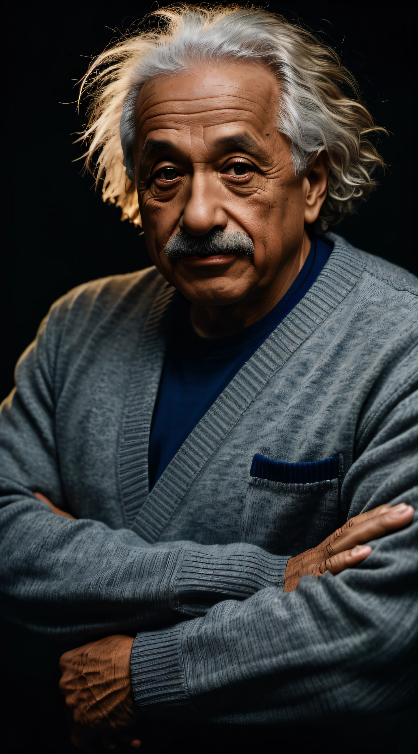 albert einstein(obra-prima, fotorrealista, raw,:1.4), (extremamente complexo:1.2), close-up, cinematiclight, side-lighting, ultra high-resolution, melhor sombra, RAW, parte superior do corpo, velho, wearing pullover, dias atuais com cores em um fundo dramatico, com um cenario de studio de fotografia