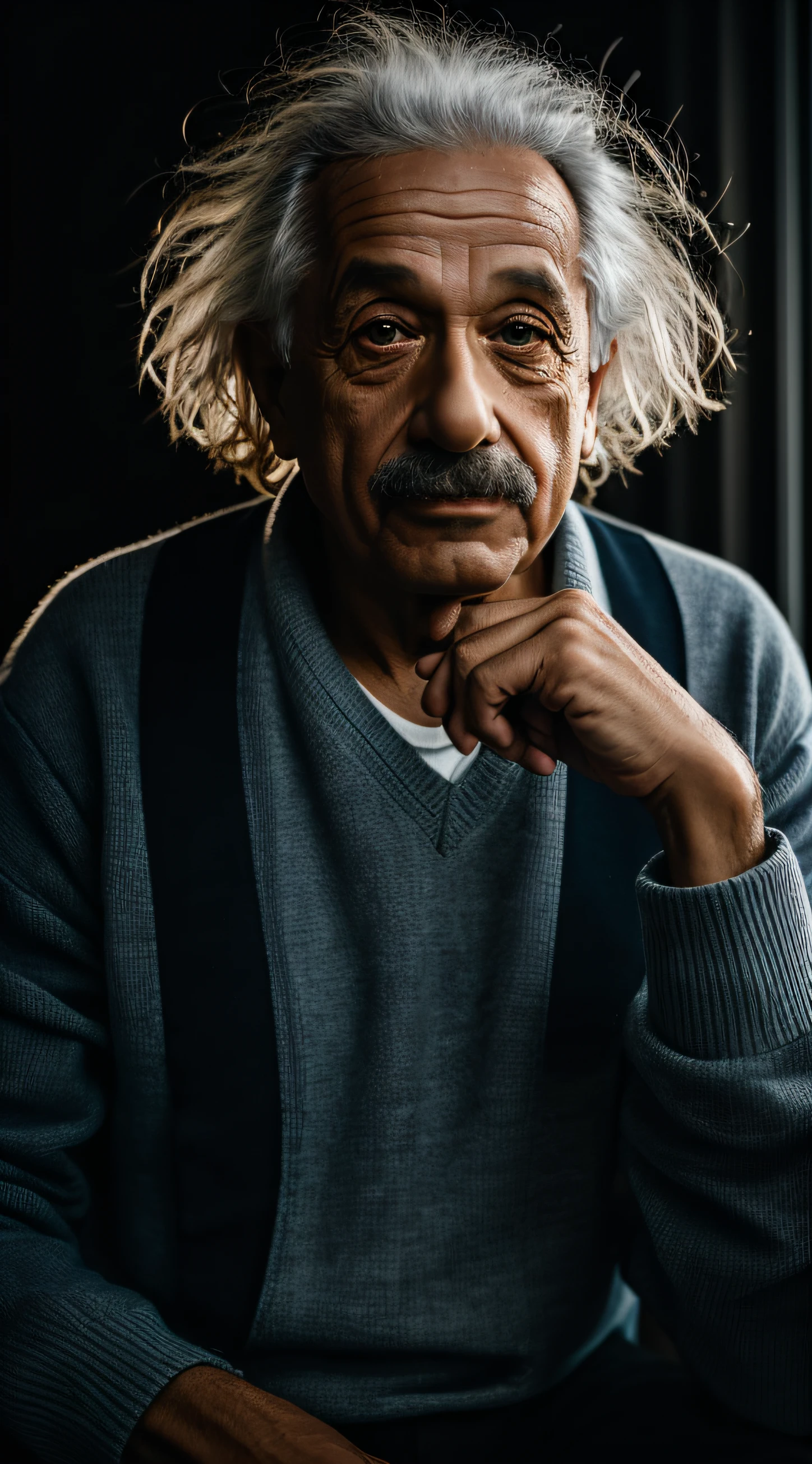 albert einstein(obra-prima, fotorrealista, raw,:1.4), (extremamente complexo:1.2), close-up, cinematiclight, side-lighting, ultra high-resolution, melhor sombra, RAW, parte superior do corpo, velho, wearing pullover, dias atuais com cores em um fundo dramatico, com um cenario de studio de fotografia