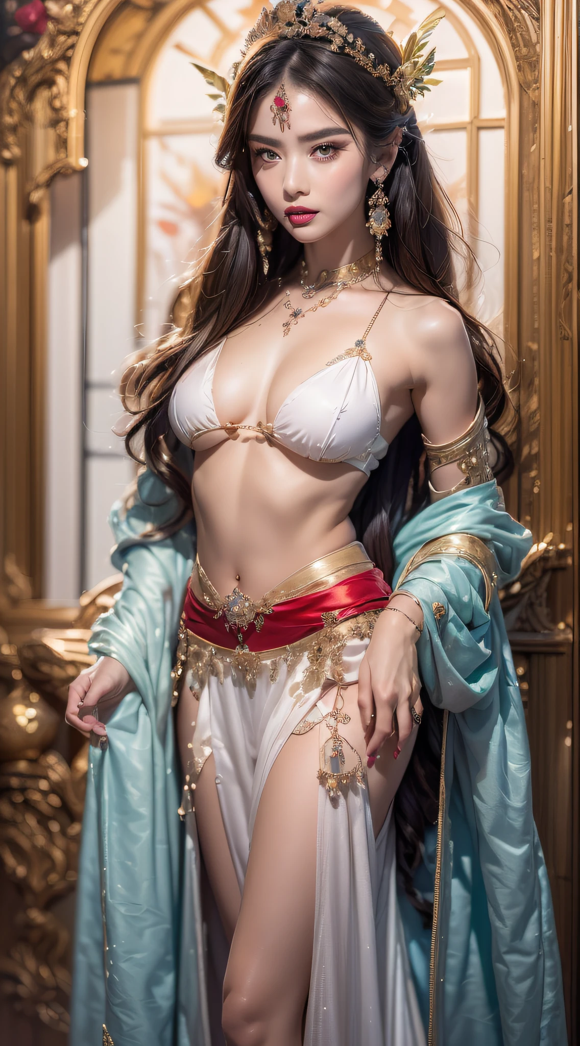 A lustful beautiful saint is fucking, showing off her topless breasts, her beautiful face is flawless, ((Natural smile:1.0)), ((flat bangs:1.2)), (((long hair)) : platinum:0.8 ))) big crown, hair brooch, hanfu skirt, fanciful hanfu style, full body jewelry, forehead tattoo, super flat chest, woman face, face makeup fine delicate, beautiful face, (((including porcelain teeth: 0.8), most beautiful and detailed light red lipstick, huge breasts, super round and balanced, (((Full and thin lips: 0.3) )), ((Yellow eye color: 1,2), Detailed and delicate lighting effects, light and dark, light impression, magical light, detailed light, true color, super sharp, realistic, quality 8k volume, fanciful cosmic background, saintess and fanciful space, the most detailed image, ((Solo:0.3)), ((holy goddess:0.6)), (( look at). straight to the body top of saintess:0.4)), upper body, ((smooth skin:0.5)), ((solo:1.3)), ((( alone girl : 1.3)), saint portrait, short photo, Full body portrait, (((open mouth:0.6))), Digital reality, ((fanky red smoke effect:1.2)),