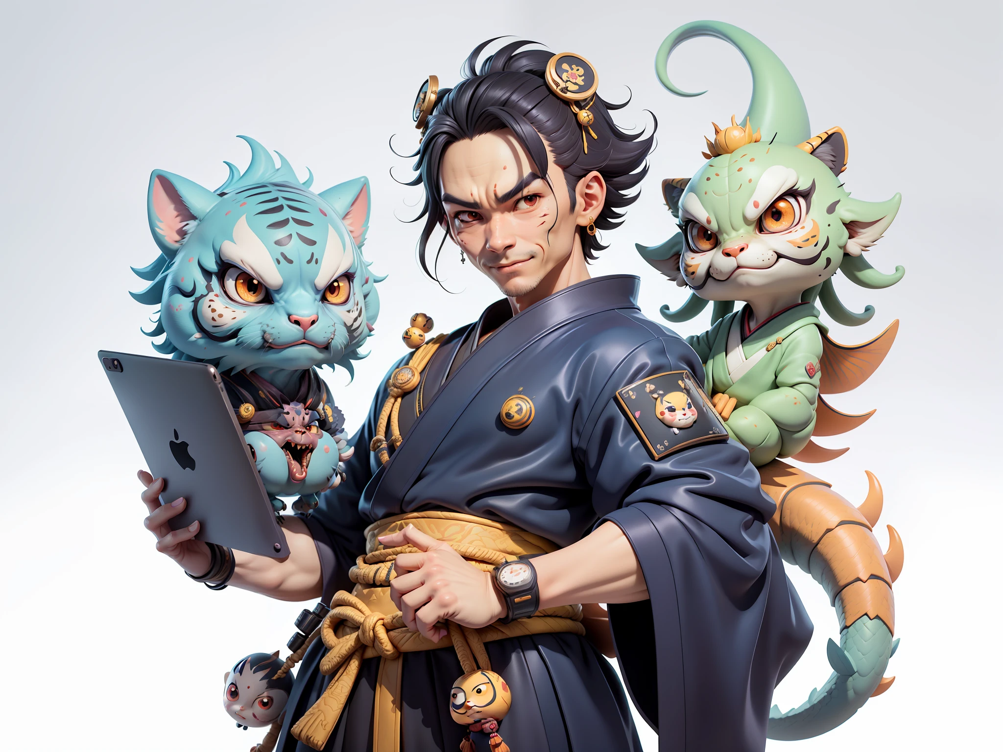 (Daisaku),(Need),(Super meticulous),(full bodyesbian:1.2),Japanese ukiyo-e girl,japanese geisha,Beautiful,Oriental dragon,one tiger,Aeolian Thor,Raised sexy,爆乳,Oriental face,TV Anchor,Bust portrait illustration,Alone,In black suit,a blue tie,The face is slightly chubby,The face was clean,without a beard,Black super short hair,Black eyes,Smile confidently,3C computer sub-products,iPad, iphone,Digital painting,3D character design by Mark Clairen and Pixar and Hayao Miyazaki and Akira Toriyama,The illustration is a high-definition illustration in 4K resolution,With very detailed facial features and cartoon-style visuals。