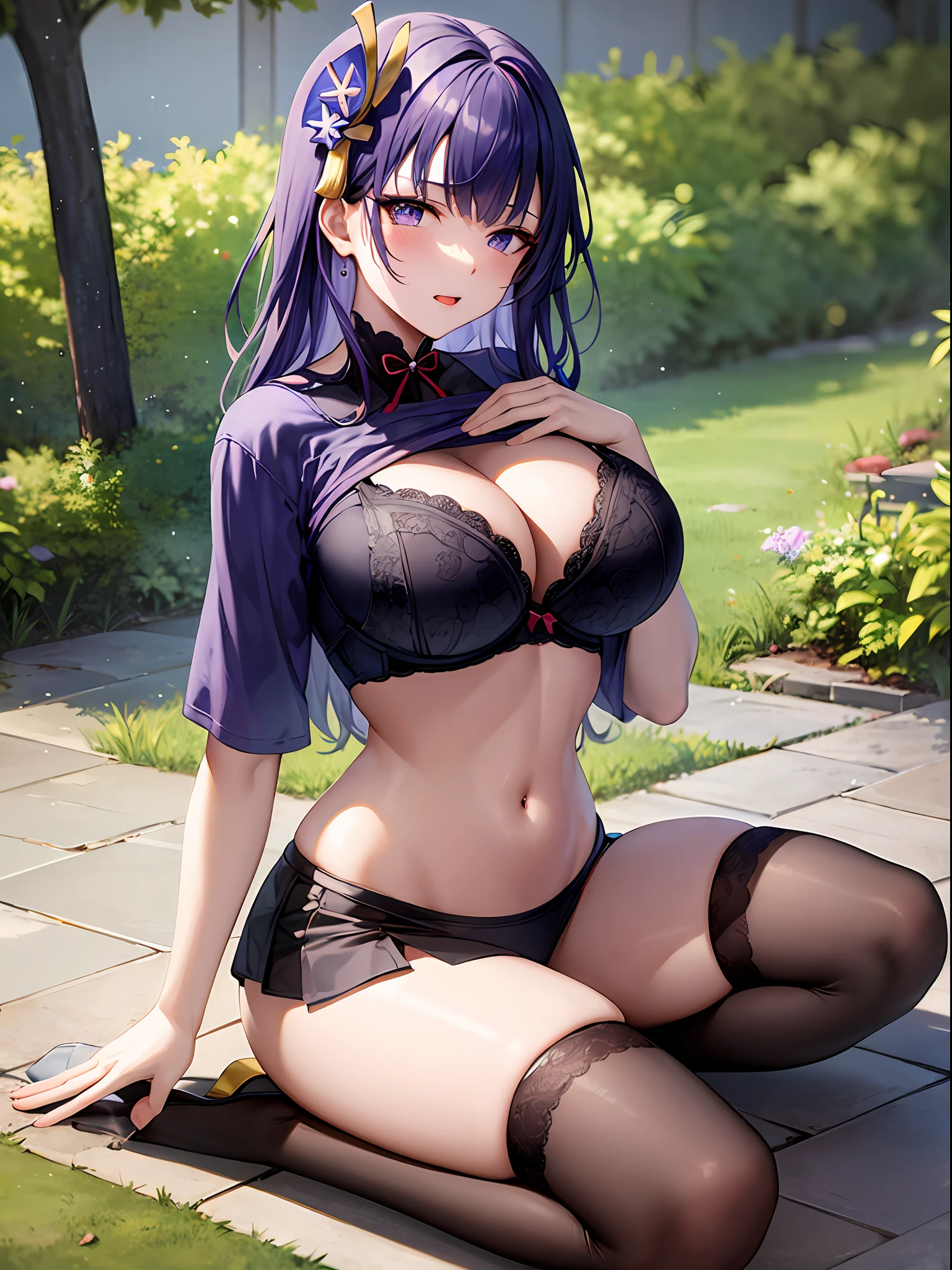 1Raiden shogun, large breasts,, cleavage, navel, t-shirt, ((bra)),clothes lift, skirt, lying, full Body,sexy body,sitting, ahegao