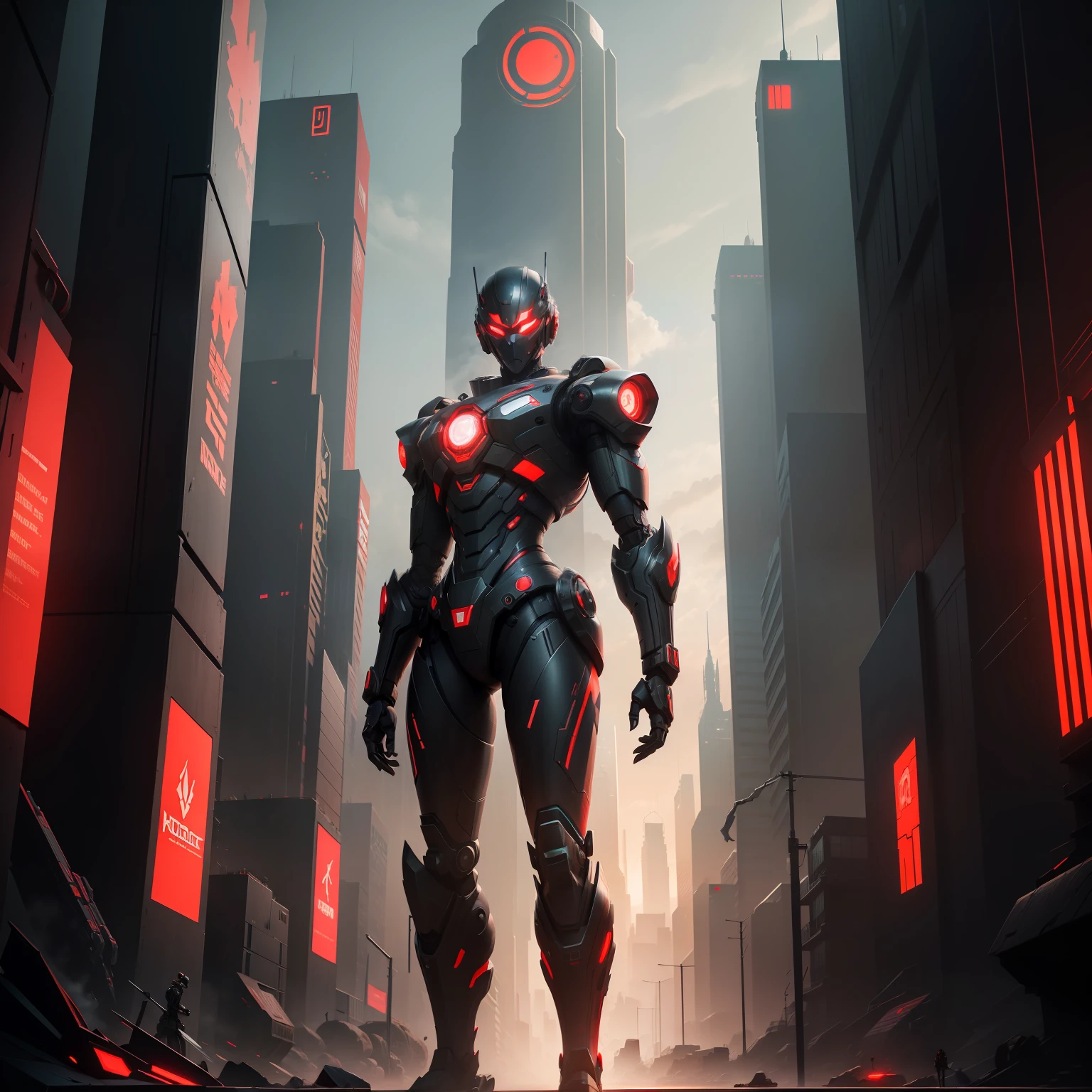 Detailed mechanics and thrilling male robots，Stroll through the magnificent futuristic city。Robot black and red,Future city landmark cyberpunk style two-meter long knife
