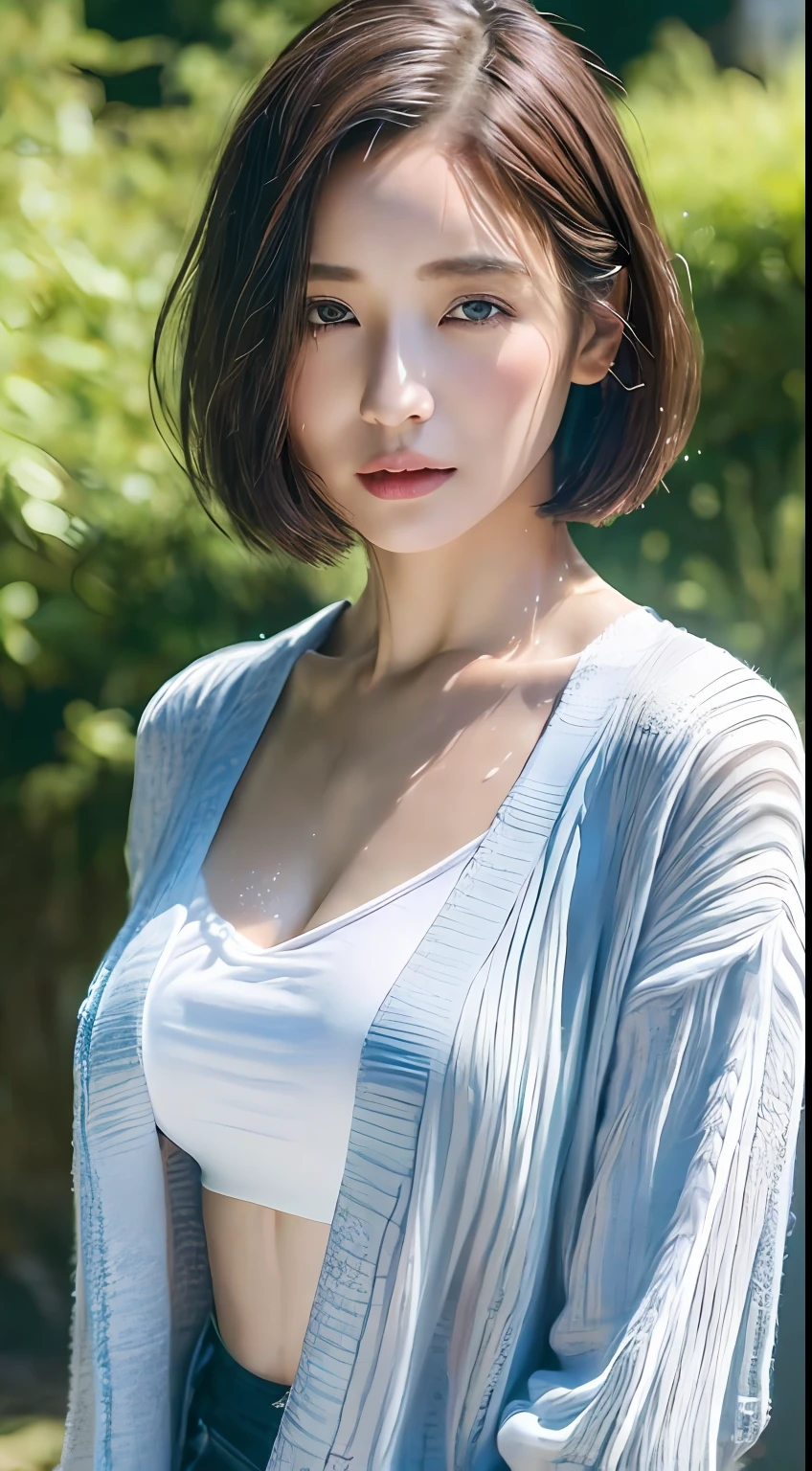 ((top-quality、8K、masterpiece:1.3))、女の子1人、Beautiful woman with slender abs:1.3、(Medium short hair、爆乳:1.2)、Cardigan:1.1、hyperdetailed face、A detailed eye、二重まぶた pink there Eau getting wet tshirts huge tit