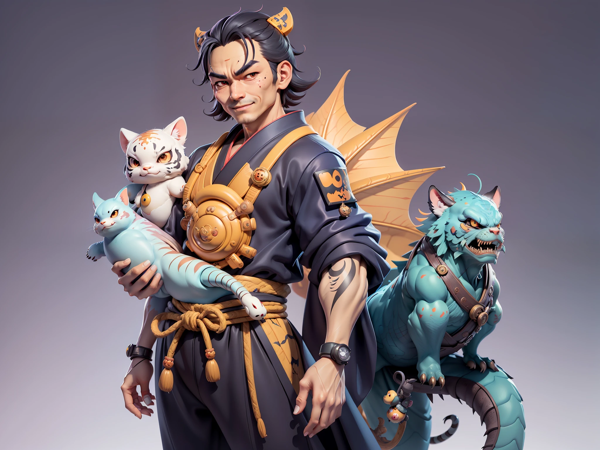 (Daisaku),(Need),(Super meticulous),(full bodyesbian:1.2),Japanese ukiyo-e girl，japanese geisha，Beautiful，Oriental dragon，one tiger，Aeolian Thor，Raised sexy，爆乳，Oriental face，TV Anchor，Bust portrait illustration，Alone，In black suit，a blue tie，The face is slightly chubby，The face was clean，without a beard，Black super short hair，Black eyes，Smile confidently，3C computer sub-products，iPad， iphone，Digital painting，3D character design by Mark Clairen and Pixar and Hayao Miyazaki and Akira Toriyama，The illustration is a high-definition illustration in 4K resolution，With very detailed facial features and cartoon-style visuals。