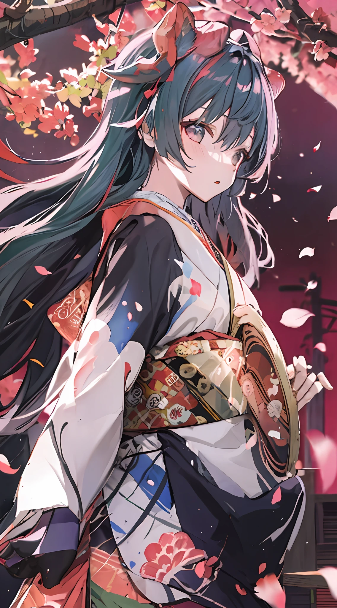 Super high quality, Ink painting style, Light and elegant, Clear lake water, Beautiful sunset, Cherry blossom petals fall quietly, Girl in pure white kimono, Holding a folding fan, A breeze ruffled her hair, The woods are dotted with green leaves，Birds chirping, A poetic scene。