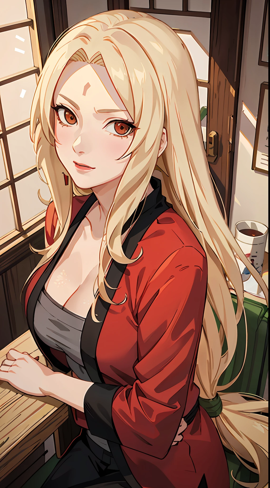 Tsunade，is shy，one-girl，Top-down view，Front view，blond hairbl，long whitr hair，with brown eye，Red lips，lipsticks，pub，ssmile，Be red in the face，Green coat，Close-up，drink，Piva，sitted，Naruto，HighestQuali，Art student，4K