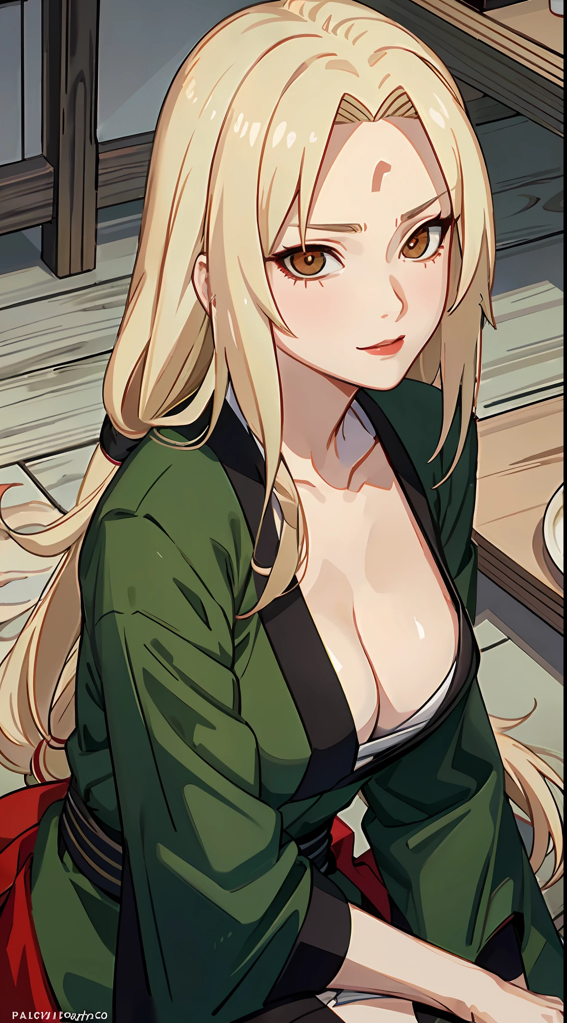 Tsunade,is shy,one-girl,Top-down view,Front view,blond hairbl,long whitr hair,with brown eye,Red lips,lipsticks,pub,ssmile,Be red in the face,Green coat,Close-up,drink,Piva,sitted,Naruto,HighestQuali,Art student,4K
