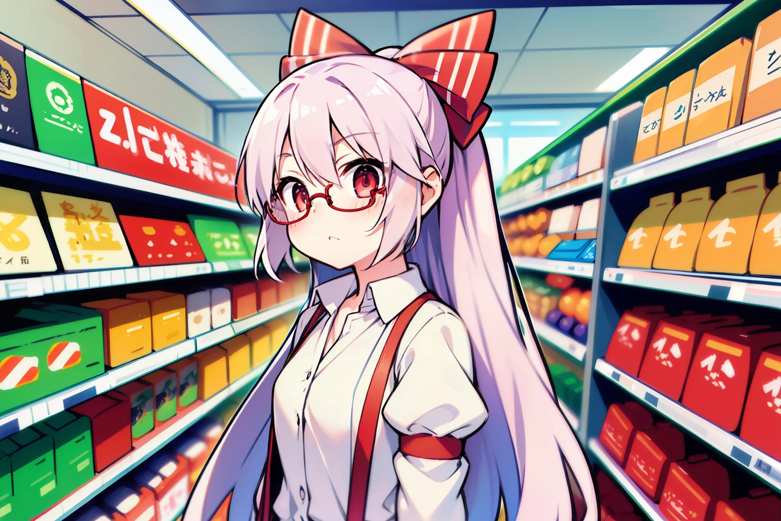 The upper part of the body_Body, Shigemitsu Fujiwara、supermarket、wears glasses、with blush cheeks、glares、red eyes