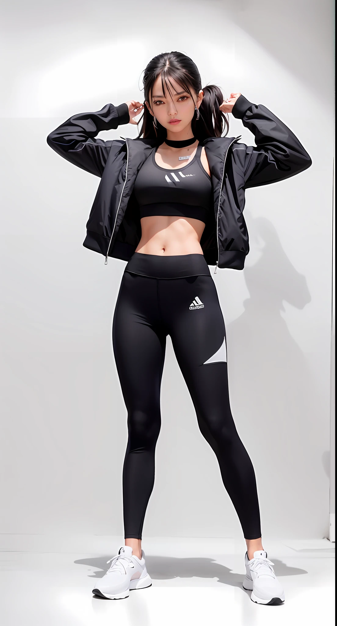a woman in a black sports bra top and leggings, two piece workout clothes, usando roupas pretas apertadas, roupas esportivas, roupas esportivas, physical : tinyest midriff ever, Jet Black Leggings, usando equipamento de fitness, roupa feminina, roupas esportivas fofas, wearing a track suit, Leggings Pretas, Fotografia de uma mulher techwear, energetic varia suit, roupa preta, Directed by: Lee Jeffreis