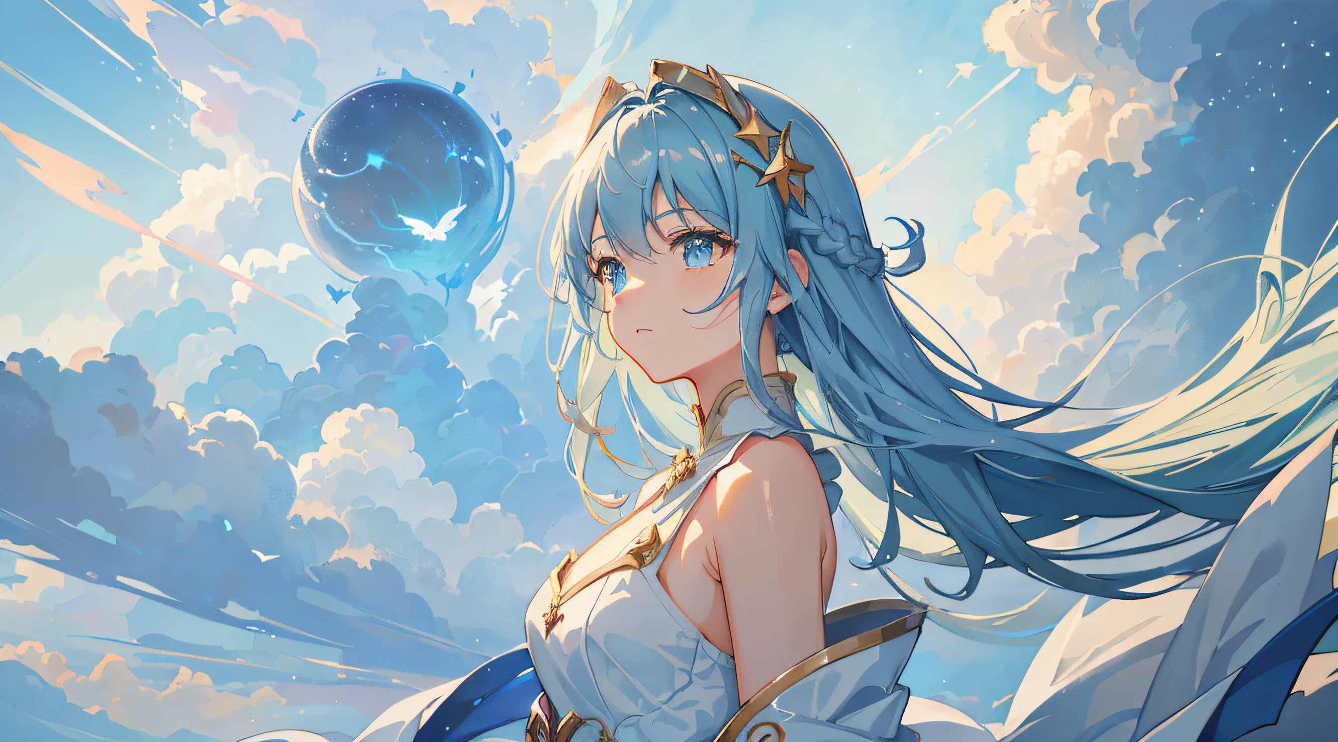 (Best quality),(masterpiece),(ultra detailed),(high detailed),(extremely detailed),Subject: Anime Sky Dreamscapes
Medium: Digital illustration or traditional painting.
Resolution: 4000x2000 pixels.
Color Palette: Soft pastel colors with a mix of vibrant hues.
Mood: Magical, ethereal, and serene.
Composition: Expansive skies with floating islands, whimsical clouds, and other dreamlike elements.
Lighting: Soft, diffused lighting with a warm, golden glow.
Style: Anime-inspired with a touch of fantasy and surrealism.
Details: Include elements such as shooting stars, colorful nebulae, fluffy clouds, and mystical creatures.
Inspiration: Anime fantasy worlds, Studio Ghibli films, surreal art, and celestial imagery.
Camera Setup: None (since it's a digital illustration).
Additional Notes: Emphasize the vastness and beauty of the sky by creating a sense of depth and space. Experiment with various cloud formations and shapes, ranging from fluffy cumulus clouds to wispy cirrus clouds. Incorporate celestial elements like moons, stars, and galaxies to enhance the dreamy atmosphere. Use soft brush strokes and blending techniques to create a seamless and ethereal look. Play with lighting effects, such as gentle rays of sunlight or glowing orbs, to add a magical touch. Consider adding whimsical creatures like flying dragons or floating jellyfish to bring a sense of wonder to the scene. Don't be afraid to let your imagination soar and create a dreamlike world that captures the essence of anime fantasy.