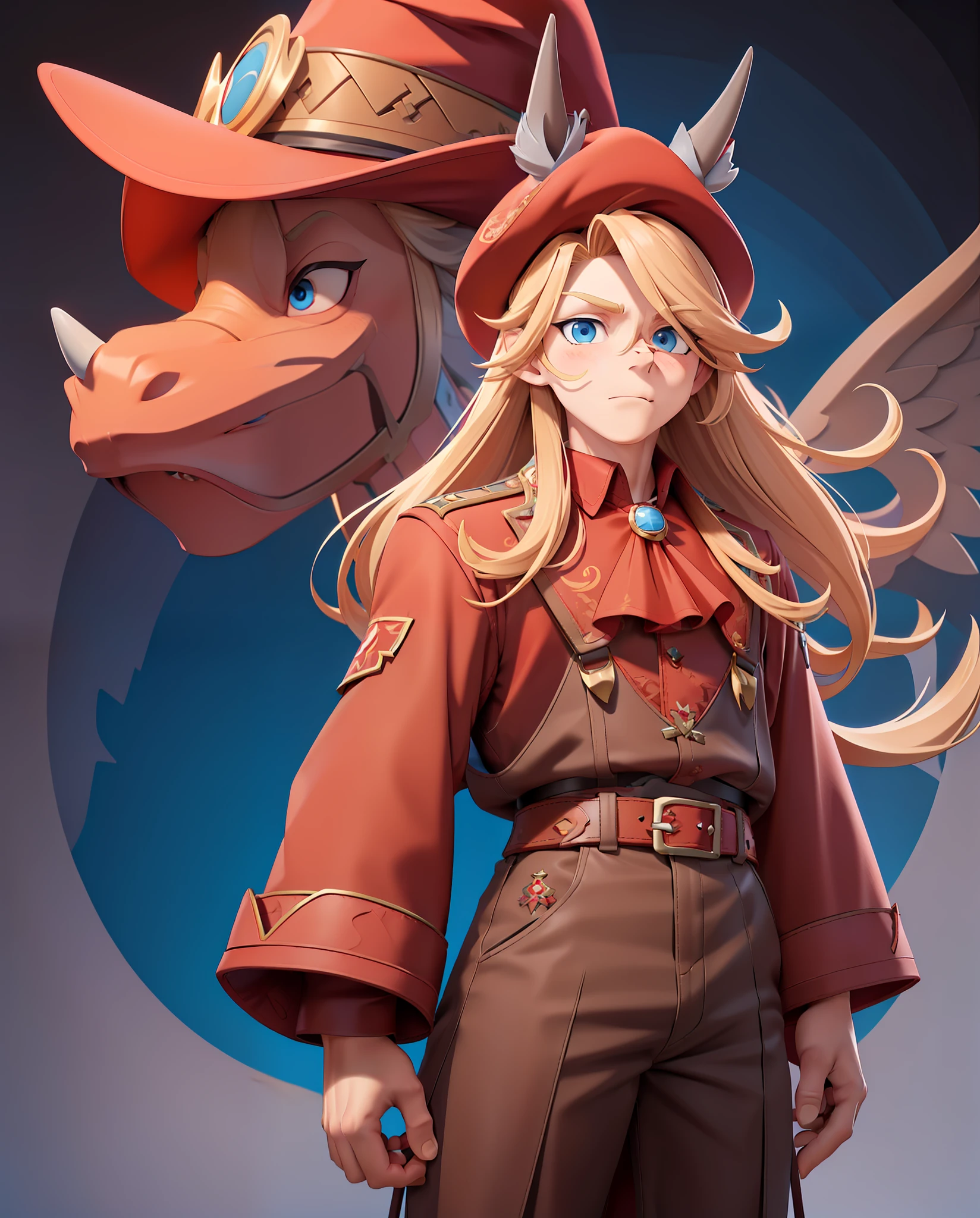 Ashford, Male, medium length silky smooth blonde hair with a long cowtail and red hat with a bunny head on it, vivid blue eyes, hippopotamus  head, wearing long sleeve red patterned shirt and  red shorts with multiple belts and tattered cloth with grey sandless, and metal spike-like wings, best quality, masterpiece