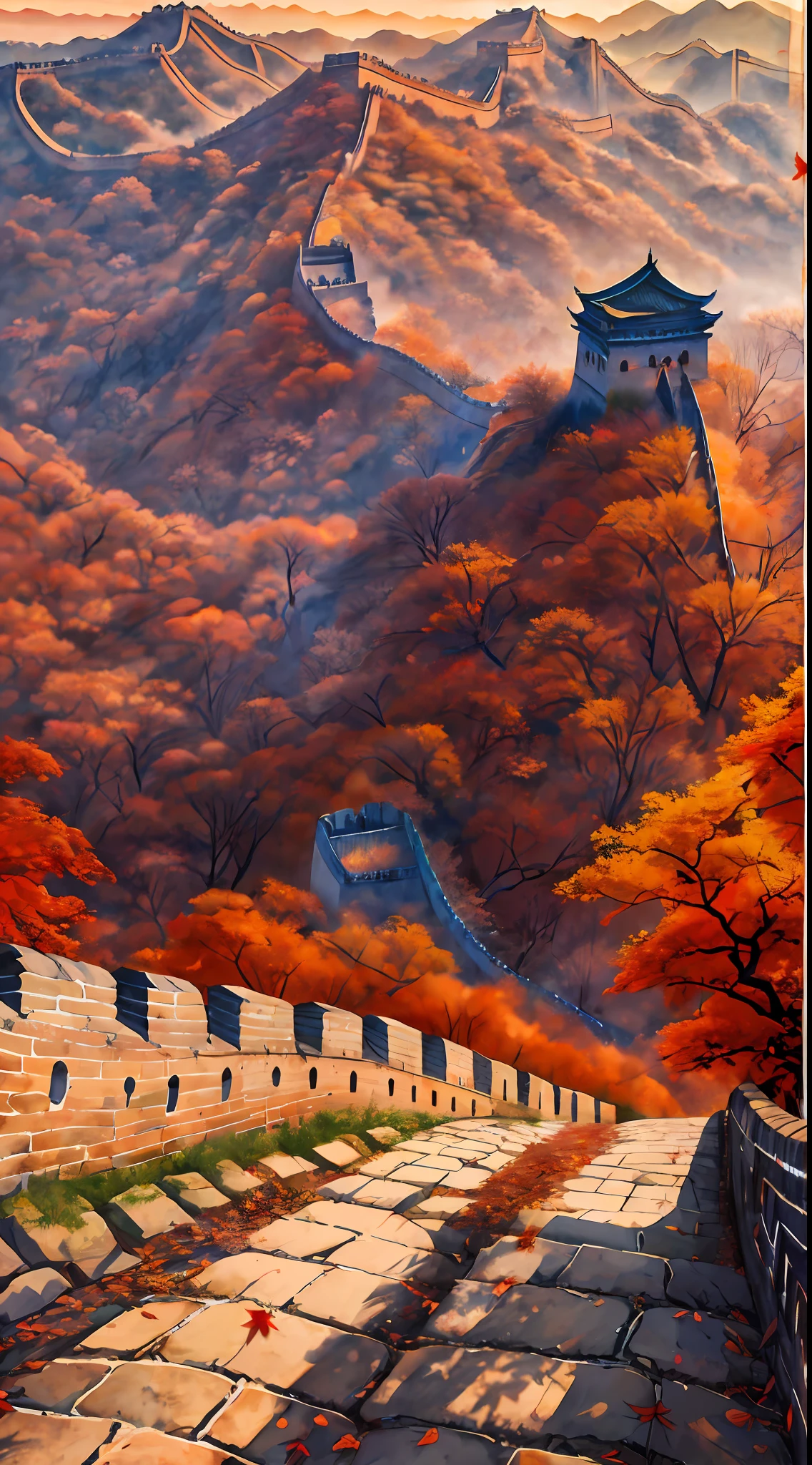 the great wall,auspicious clouds, Continuously extending, (red autumnal leaves), sun, day, best quality, ultra-detailed, best shadow,8k,official art,