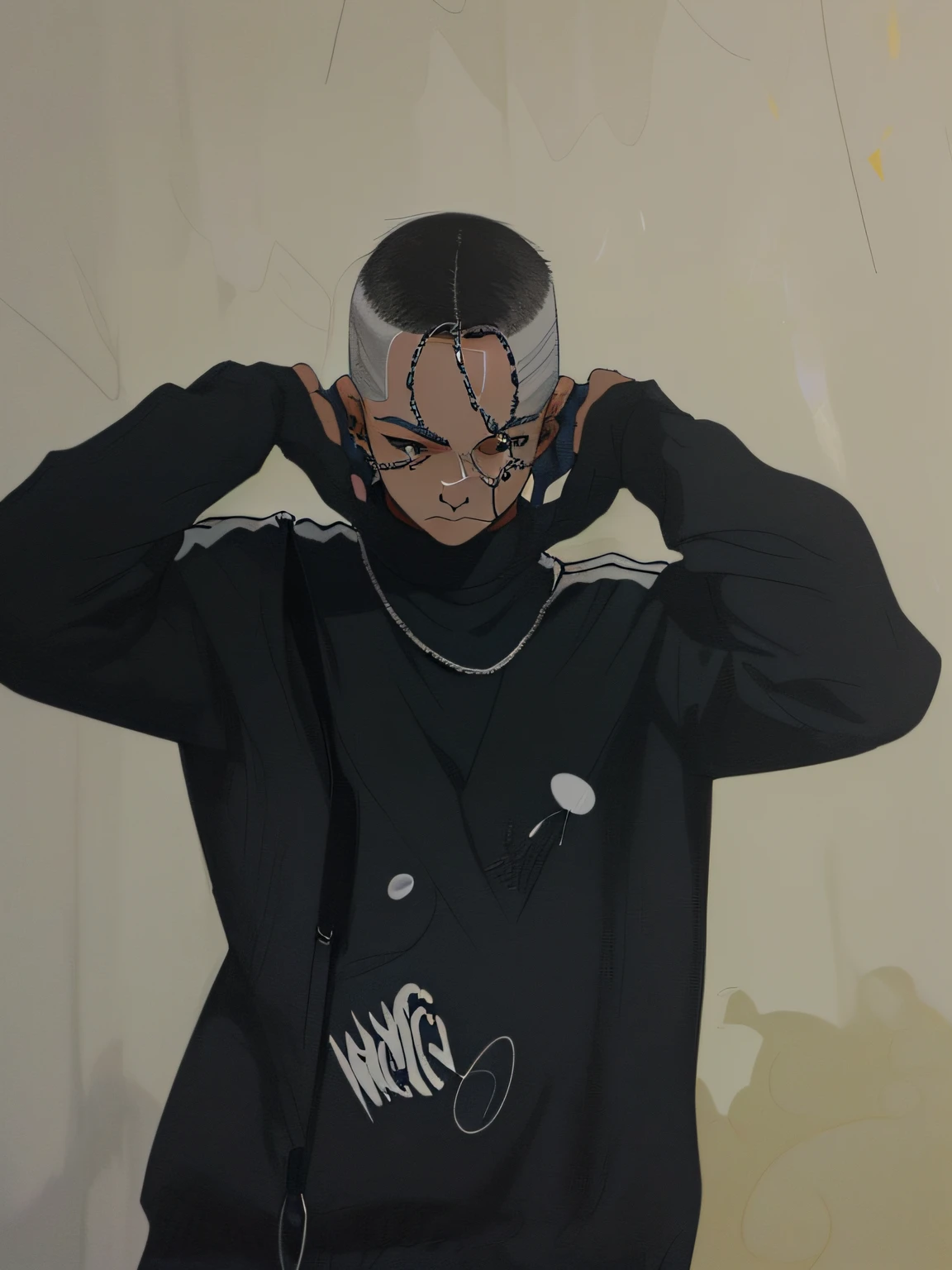 menino cabelo moicano, olhos fechados orando, segurando a touca da blusa, silver chain on neck, com uma bag, triste, making music, at a music show, cartoon style, anime style