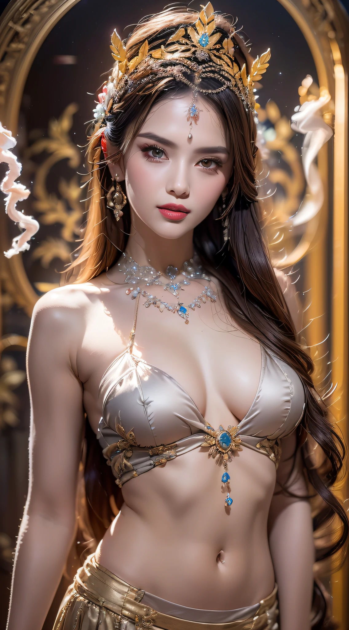 A lustful beautiful saint is fucking, showing off her topless breasts, her beautiful face is flawless, ((Natural smile:1.0)), ((flat bangs:1.2)), (((long hair)) : platinum:0.8 ))) big crown, hair brooch, hanfu skirt, fanciful hanfu style, full body jewelry, forehead tattoo, super flat chest, woman face, face makeup fine delicate, beautiful face, (((including porcelain teeth: 0.8), most beautiful and detailed light red lipstick, huge breasts, super round and balanced, (((Full and thin lips: 0.3) )), ((Yellow eye color: 1,2), Detailed and delicate lighting effects, light and dark, light impression, magical light, detailed light, true color, super sharp, realistic, quality 8k volume, fanciful cosmic background, saintess and fanciful space, the most detailed image, ((Solo:0.3)), ((holy goddess:0.6)), (( look at). straight to the body top of saintess:0.4)), upper body, ((smooth skin:0.5)), ((solo:1.3)), ((( alone girl : 1.3)), saint portrait, short photo, Full body portrait, (((open mouth:0.6))), Digital reality, ((fanky red smoke effect:1.2)),