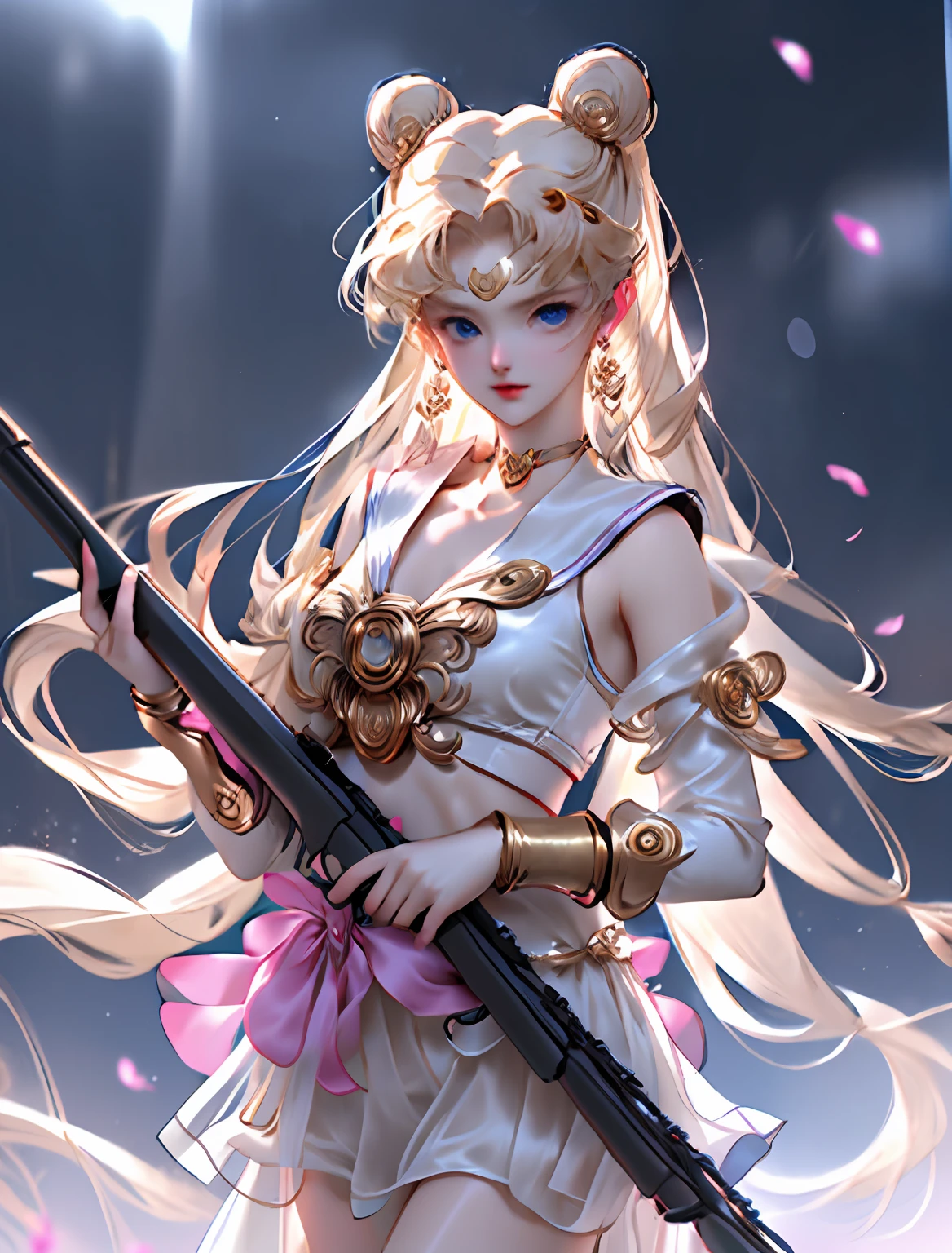 (ultra realistic 8k CG:1.2),perfect artwork,delicate pattern,intricate detail, cel shading,
(unparalleled masterpiece,best quality:1.2),(extremely intricate:1.2),70mm telephoto lens,
-------------------------------
kpop idol,korean beauty,korean mixed,
(1girl,solo:1.2),woman,girly,bright eyes,(wet skin,nsfw:1.1),
(absurdly long hair:1.4),Floating hair,wind,gale,hair accessories,
-------------------------------
(silk and Ribbon in front:1.3),earrings,filigree,detached sleeves,wide sleeves,
(see through clothes,translucent clothes,armlet:1.2),(revealing clothes),jewelry,
(cleavage,bare shoulder,strapless,Simple Choker,tube dress,no bra:1.1),
-------------------------------
(sky,idle animation,simple background,Leaves and plant in front :1.2),
-------------------------------
(meishaonv,gun,blue eyes,tsukino usagi,double bun,sailor collar,crescent,holding weapon,holding,sailor moon:1.2)